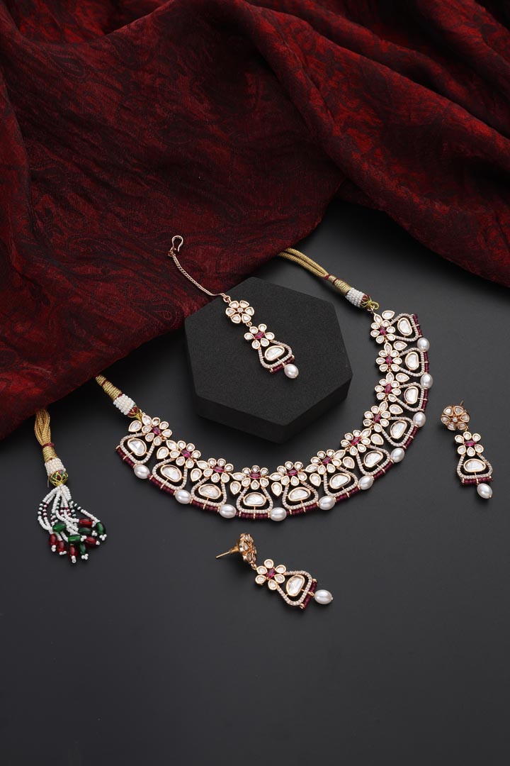 Green Polki Necklace Set with Maang Tikka