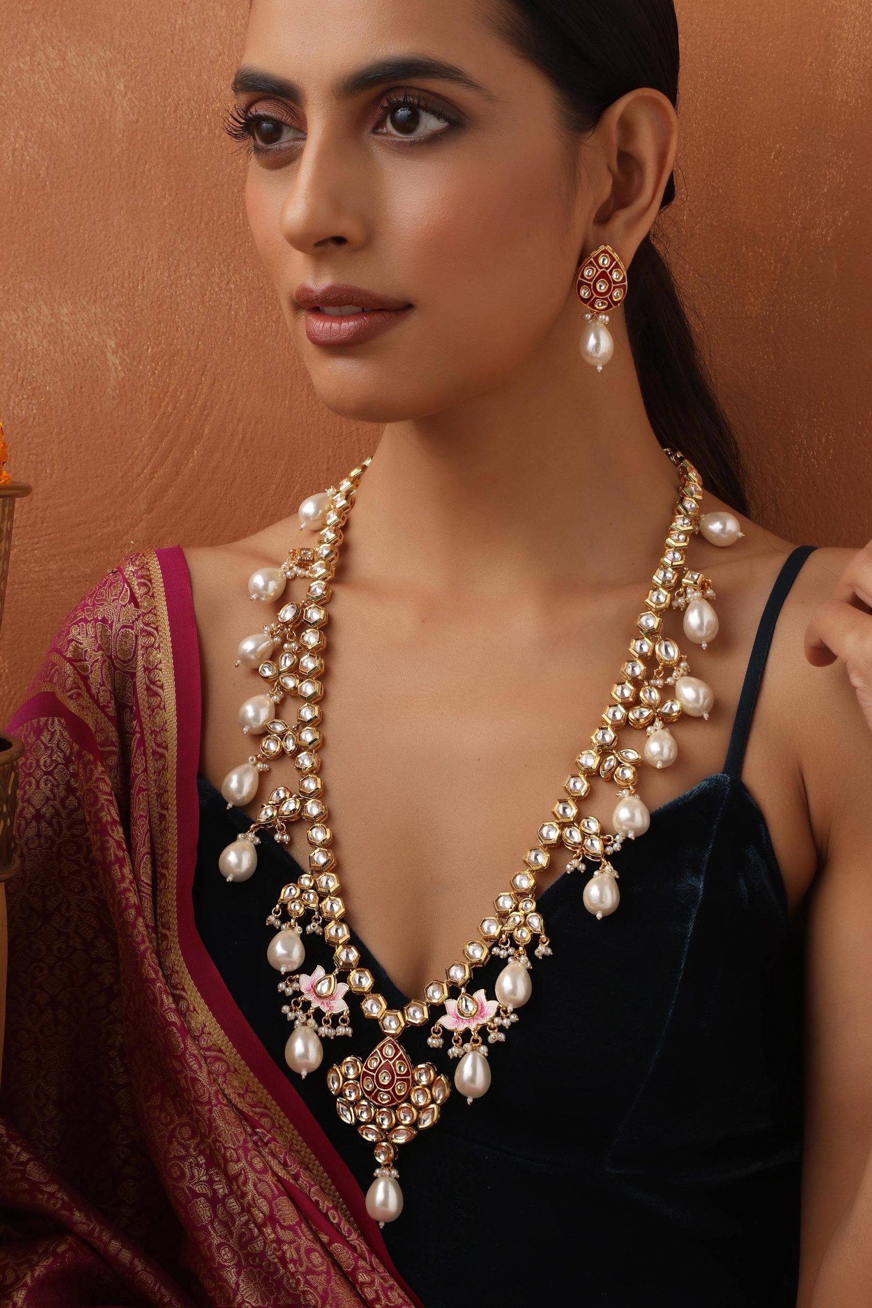 Red Gold Tone Kundan Long Necklace Set