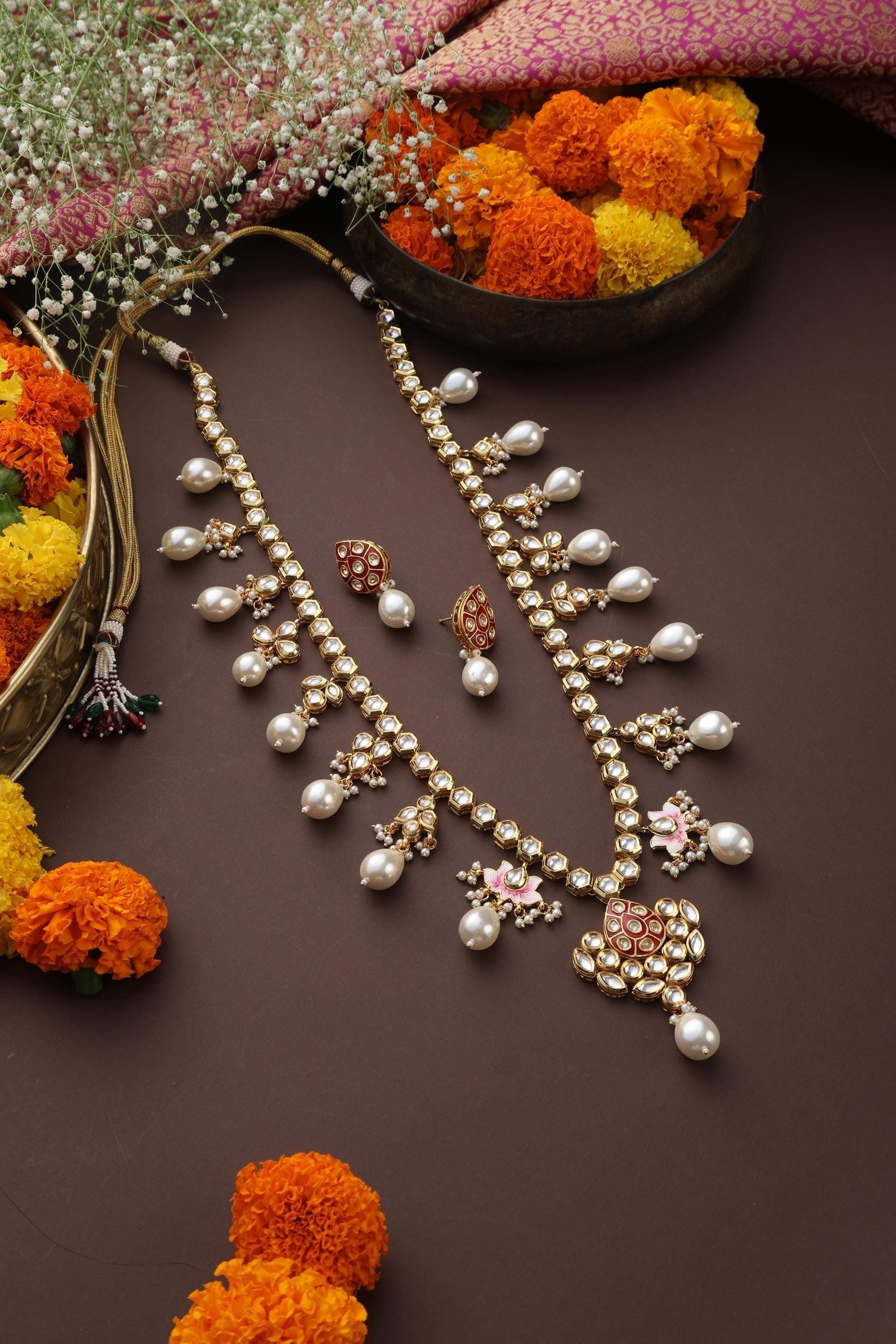 Red Gold Tone Kundan Long Necklace Set