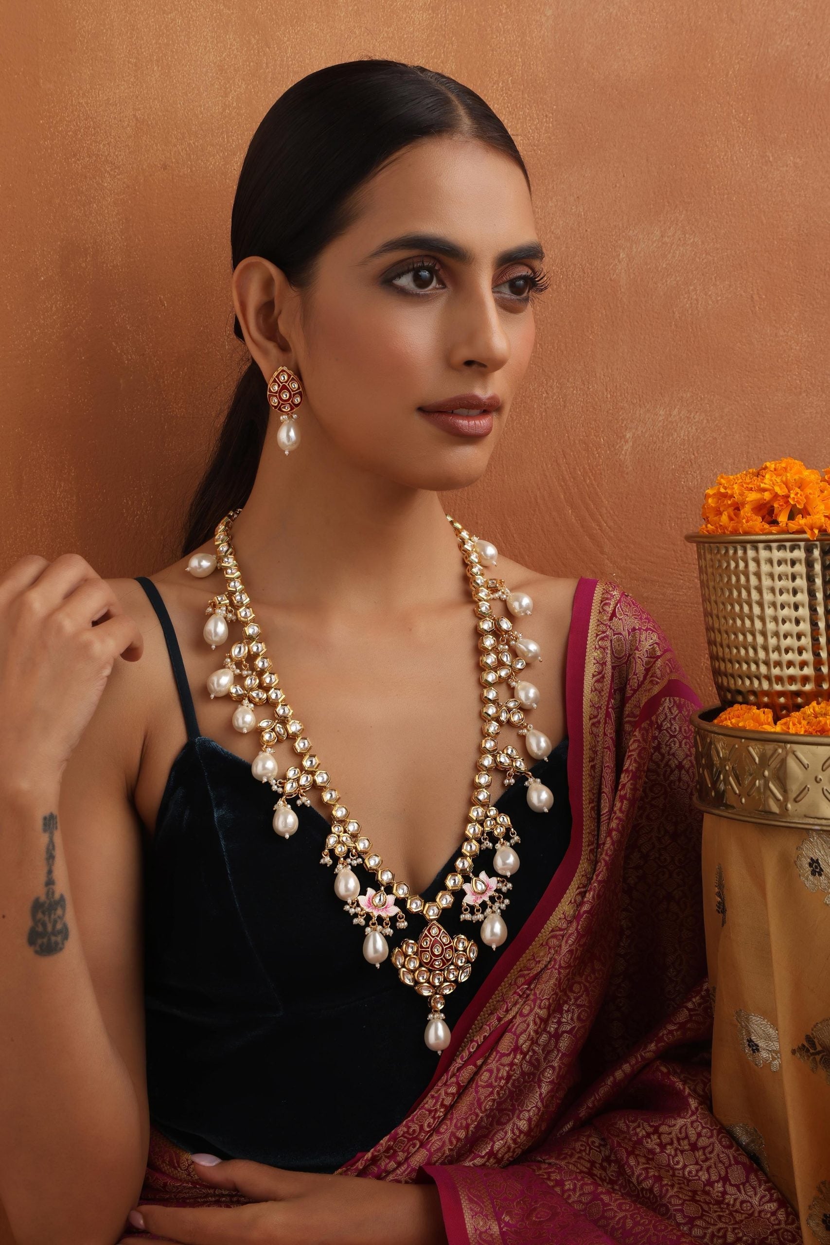 Red Gold Tone Kundan Long Necklace Set