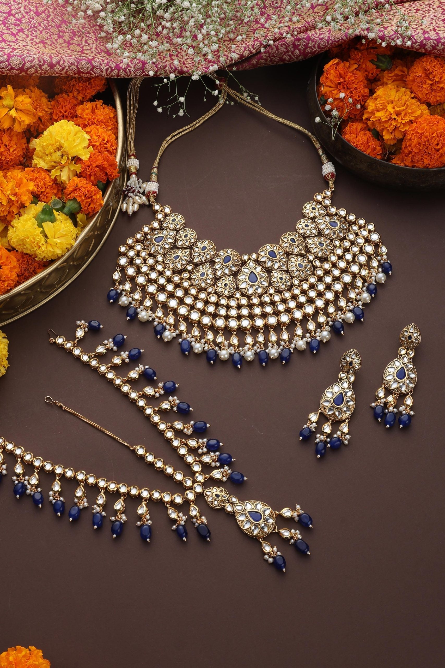 Blue Gold Tone Kundan Necklace Set with Maang Tikka