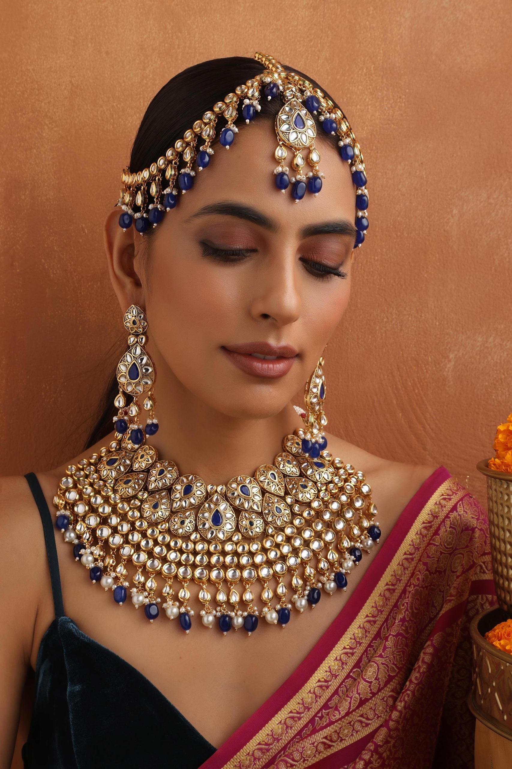 Blue Gold Tone Kundan Necklace Set with Maang Tikka