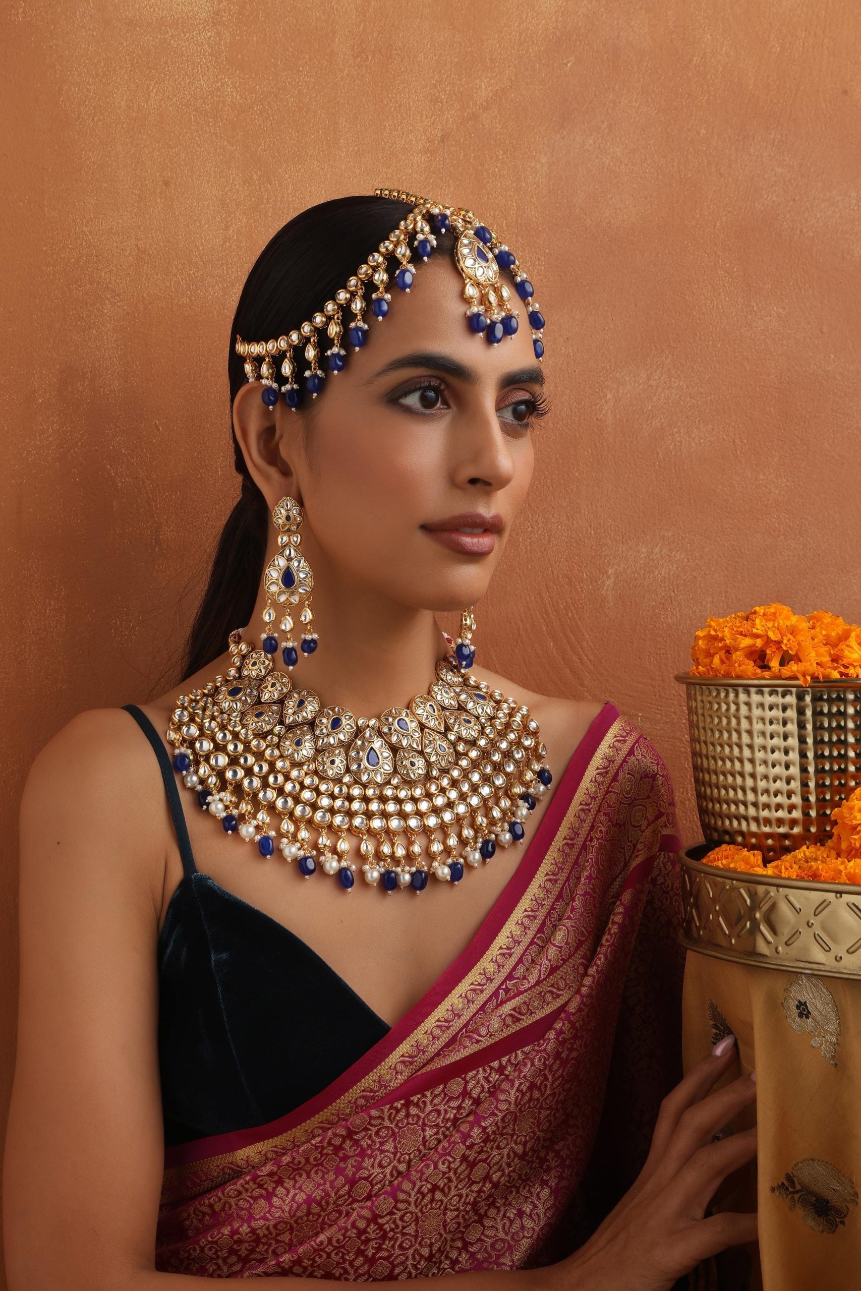 Blue Gold Tone Kundan Necklace Set with Maang Tikka