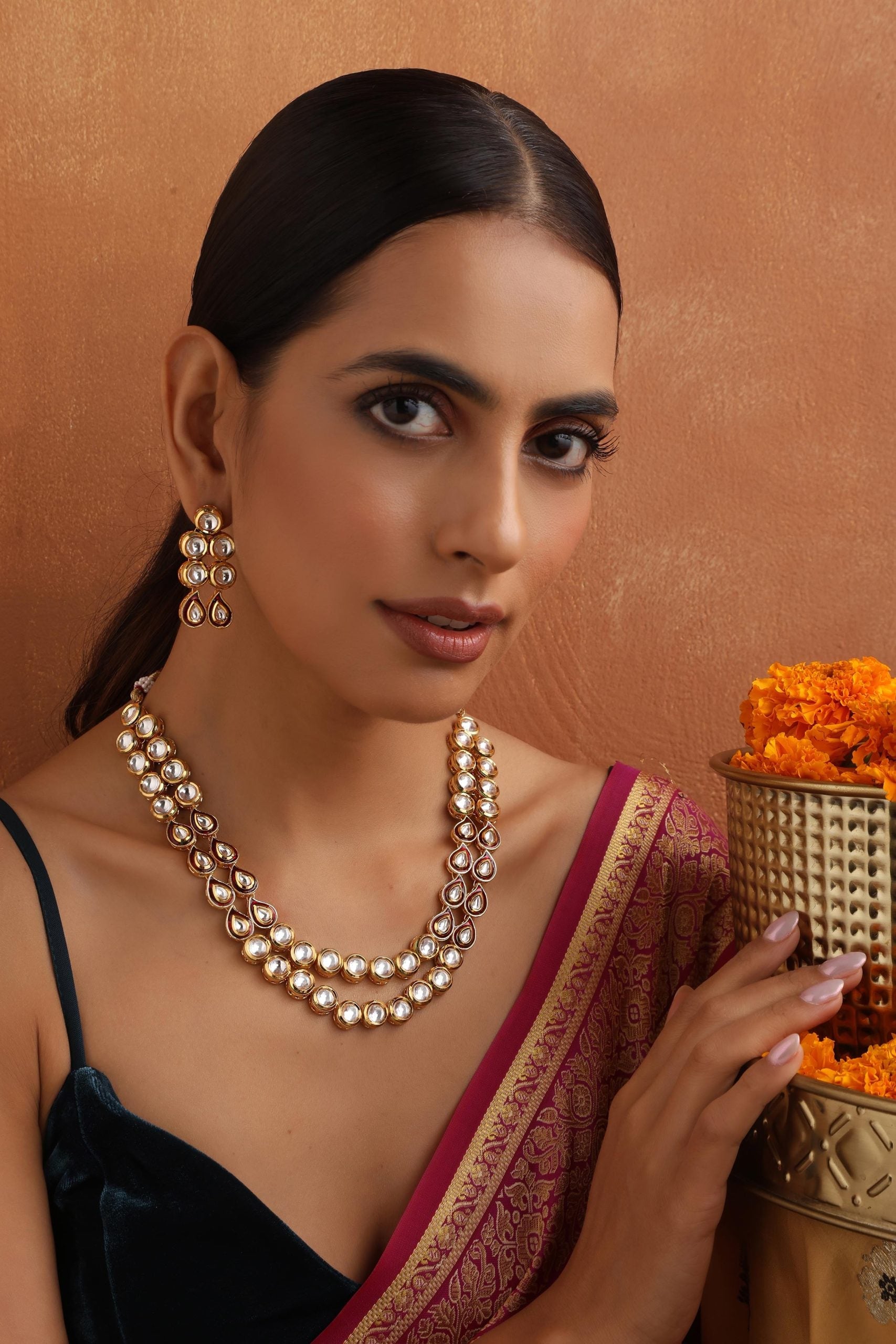 Red Gold Tone Kundan Necklace Set