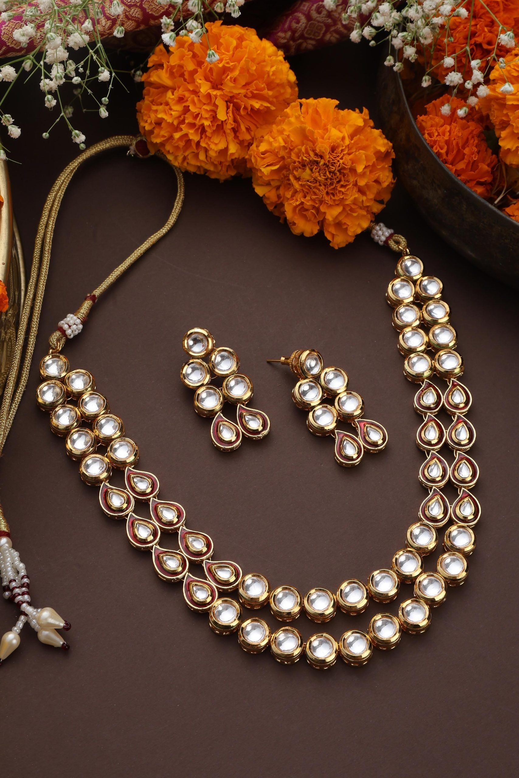 Red Gold Tone Kundan Necklace Set