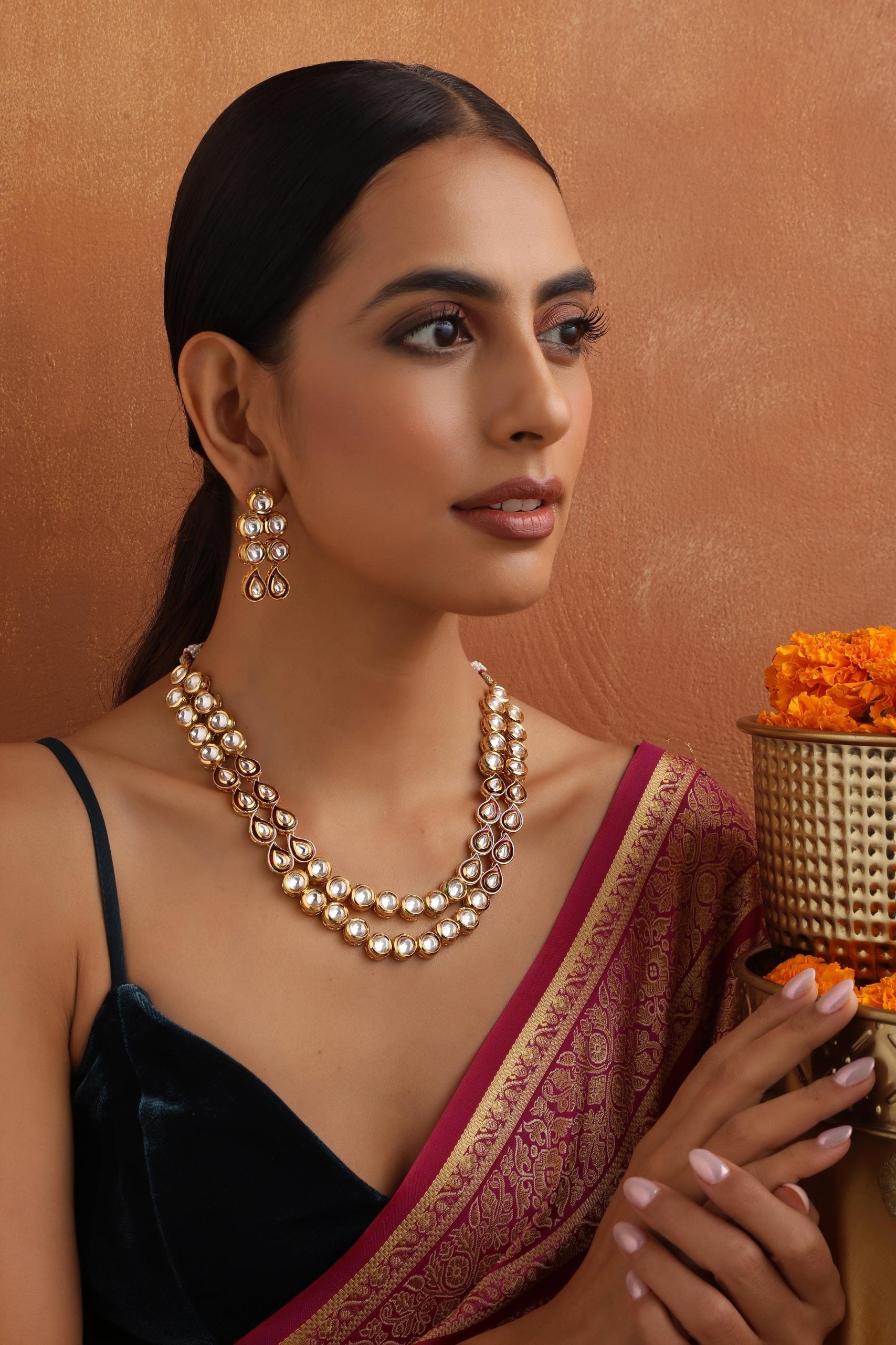 Red Gold Tone Kundan Necklace Set