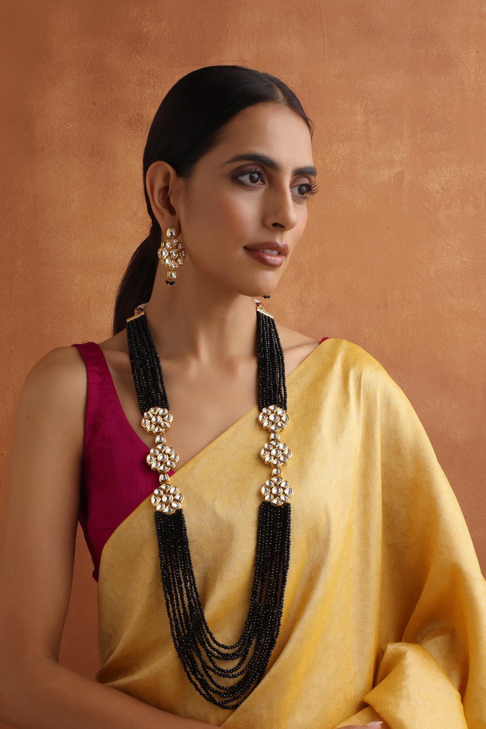 Black Gold Tone Kundan Layered Necklace Set