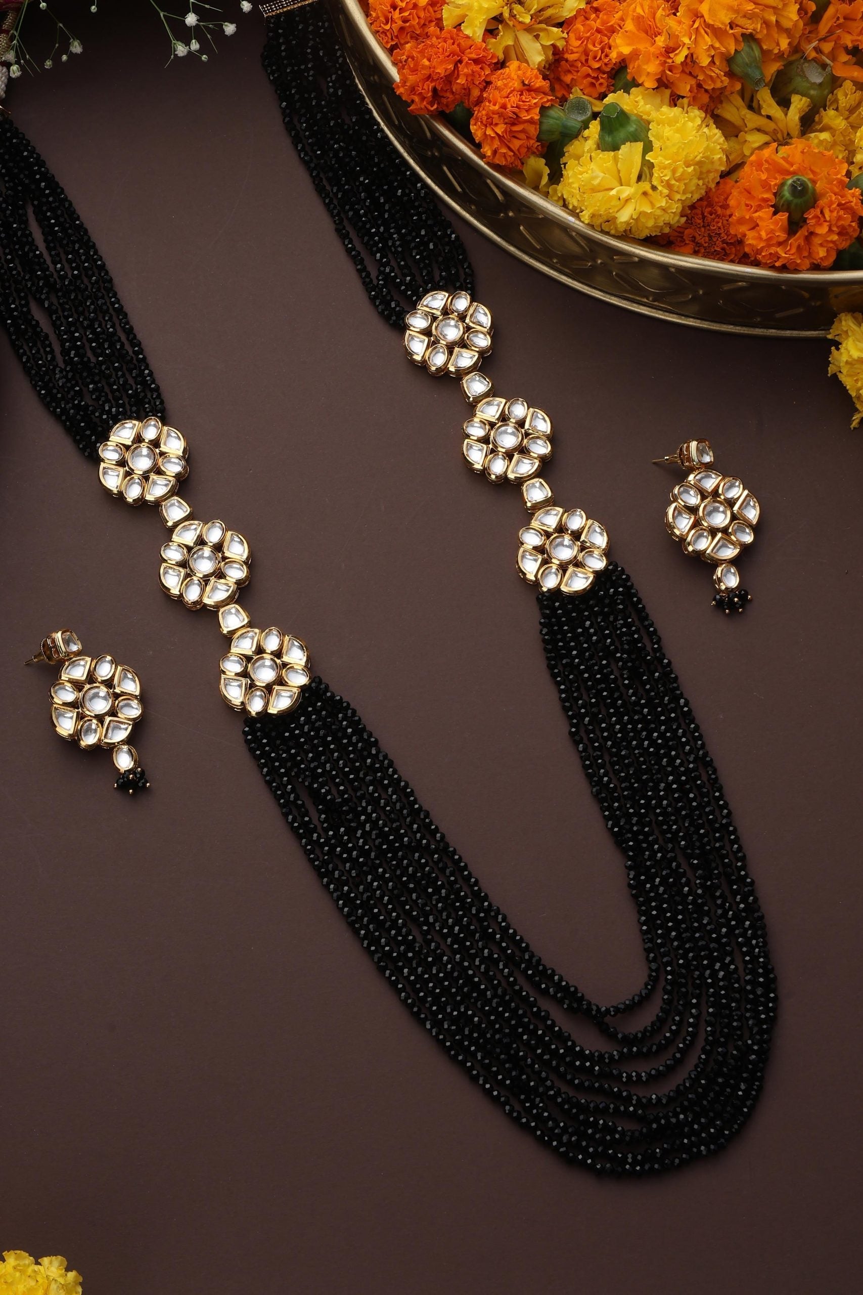 Black Gold Tone Kundan Layered Necklace Set