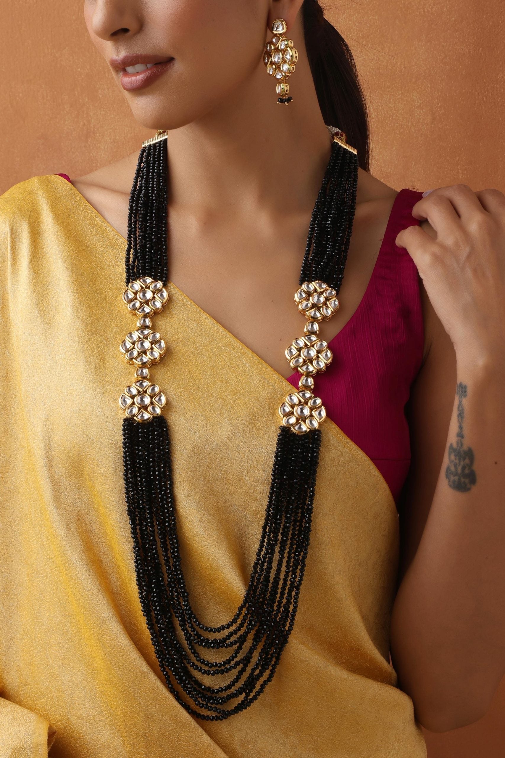 Black Gold Tone Kundan Layered Necklace Set