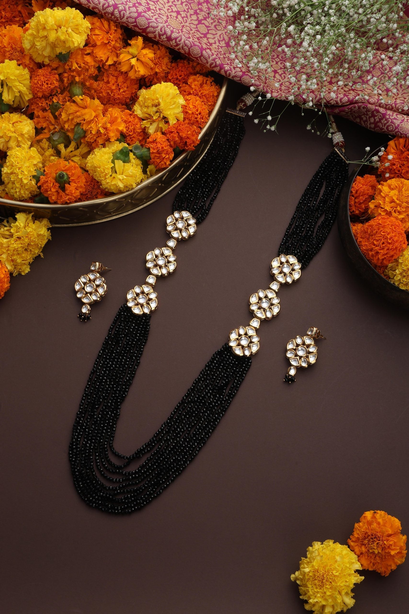 Black Gold Tone Kundan Layered Necklace Set