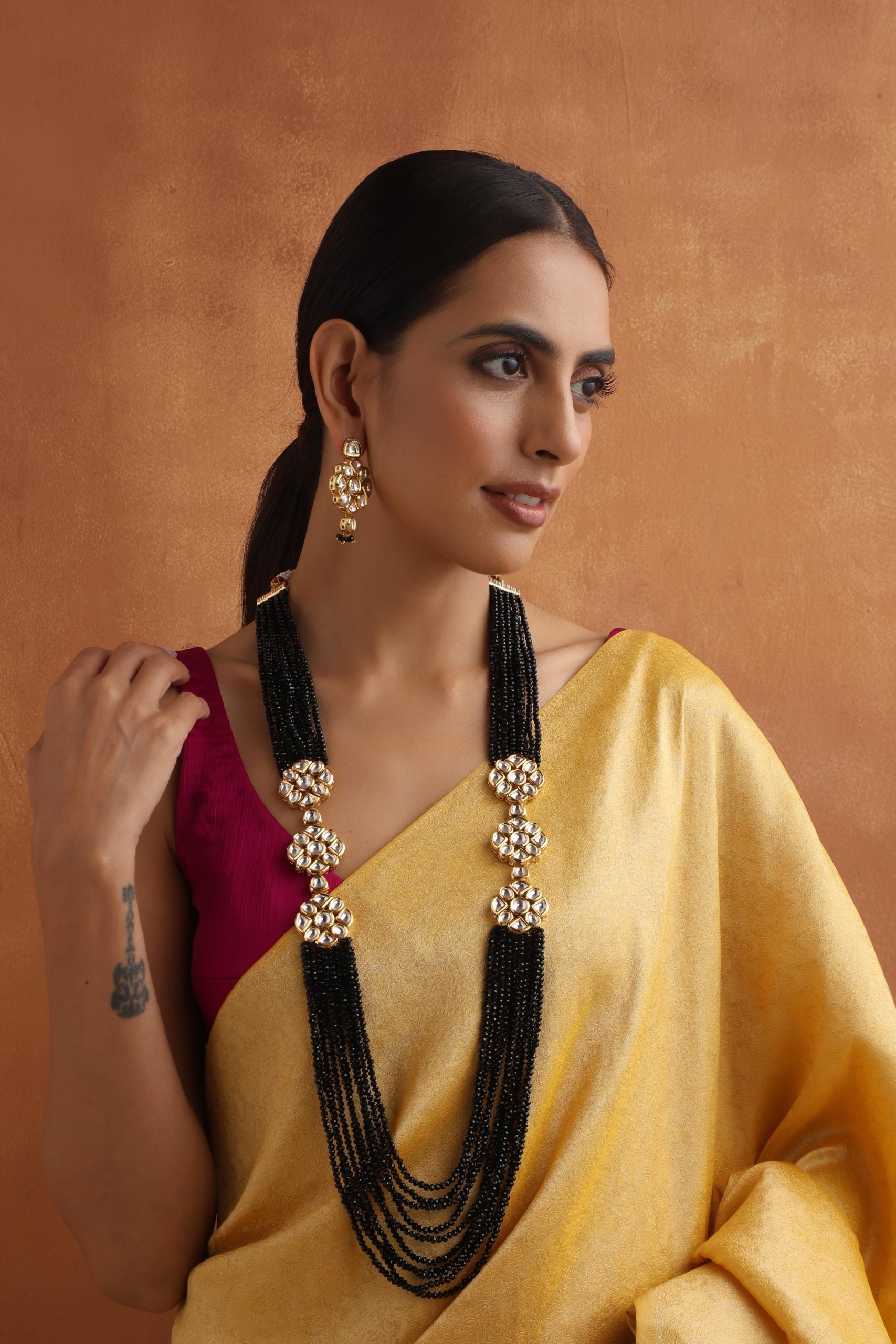 Black Gold Tone Kundan Layered Necklace Set