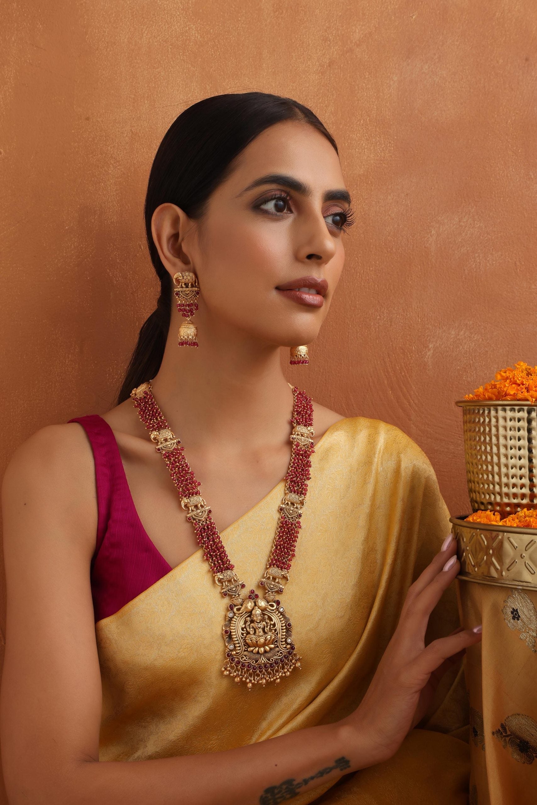 Red Gold Tone Temple Long Necklace Set