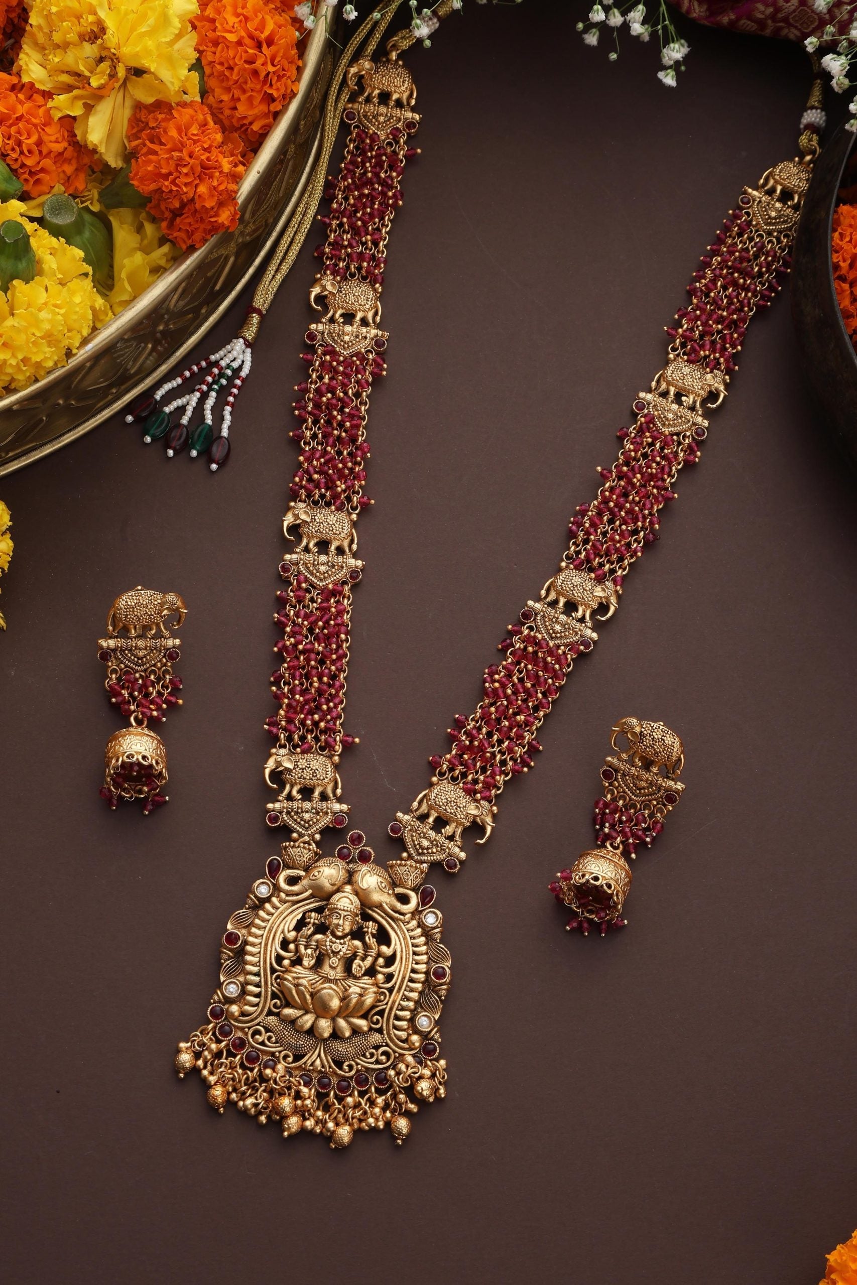 Red Gold Tone Temple Long Necklace Set