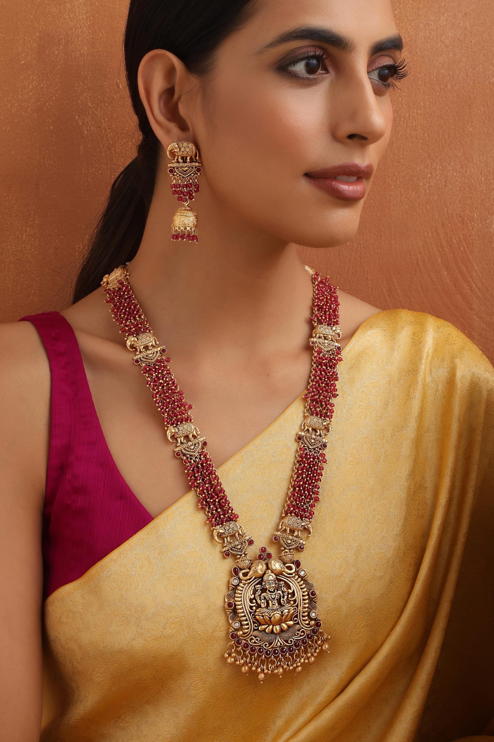 Red Gold Tone Temple Long Necklace Set