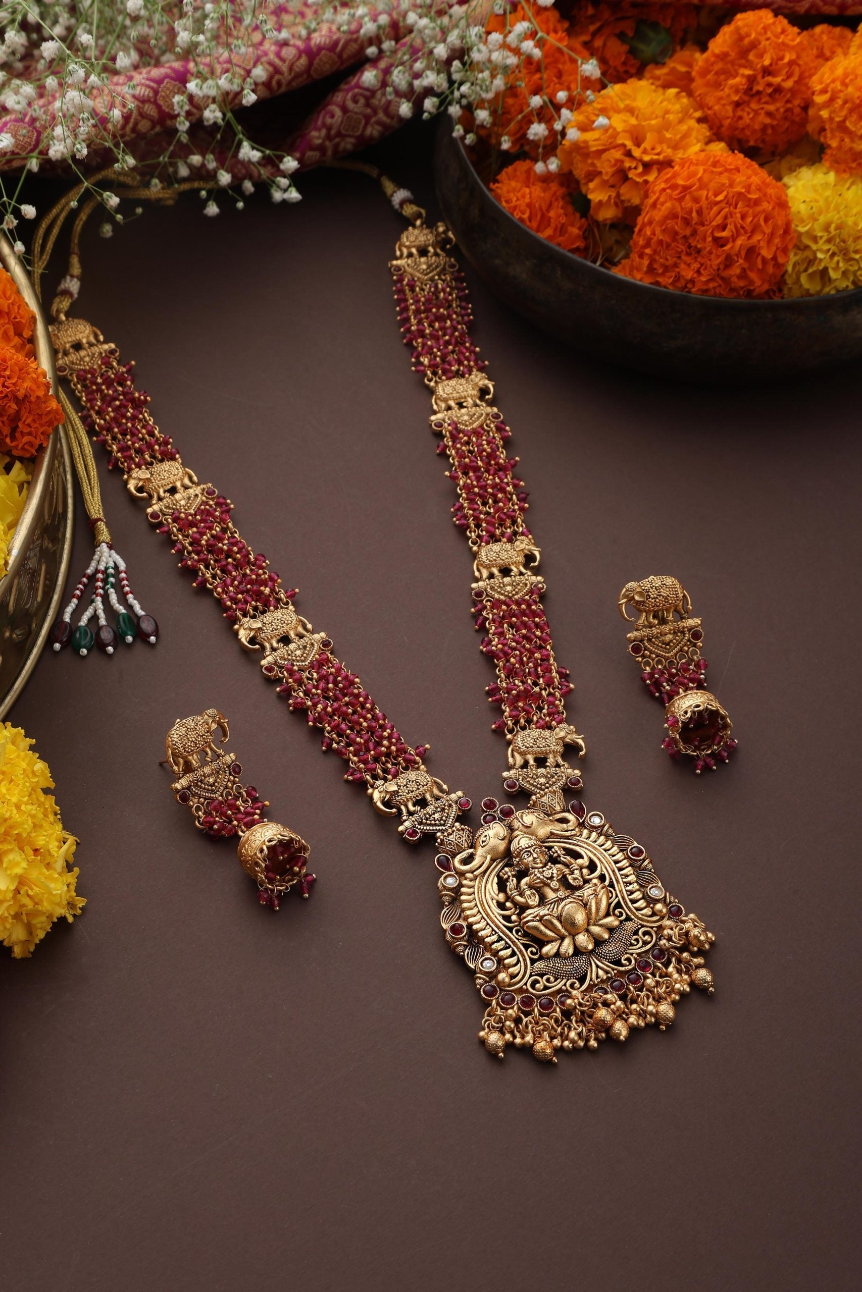 Red Gold Tone Temple Long Necklace Set