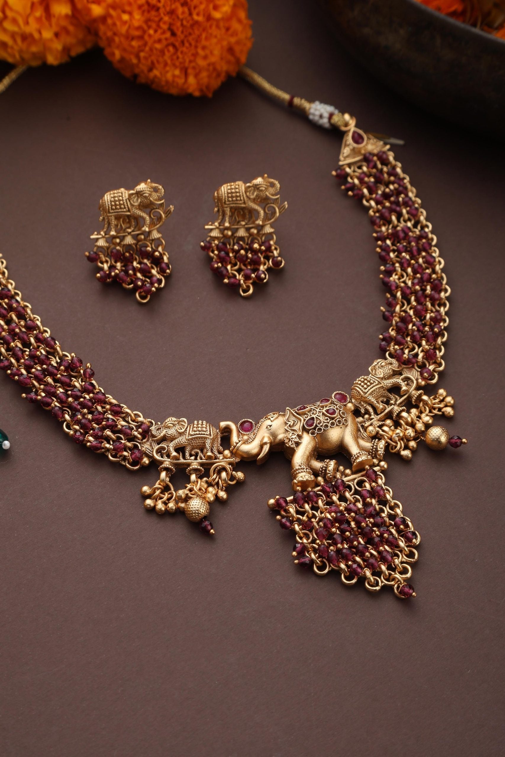 Red Gold Tone Temple Necklace Set