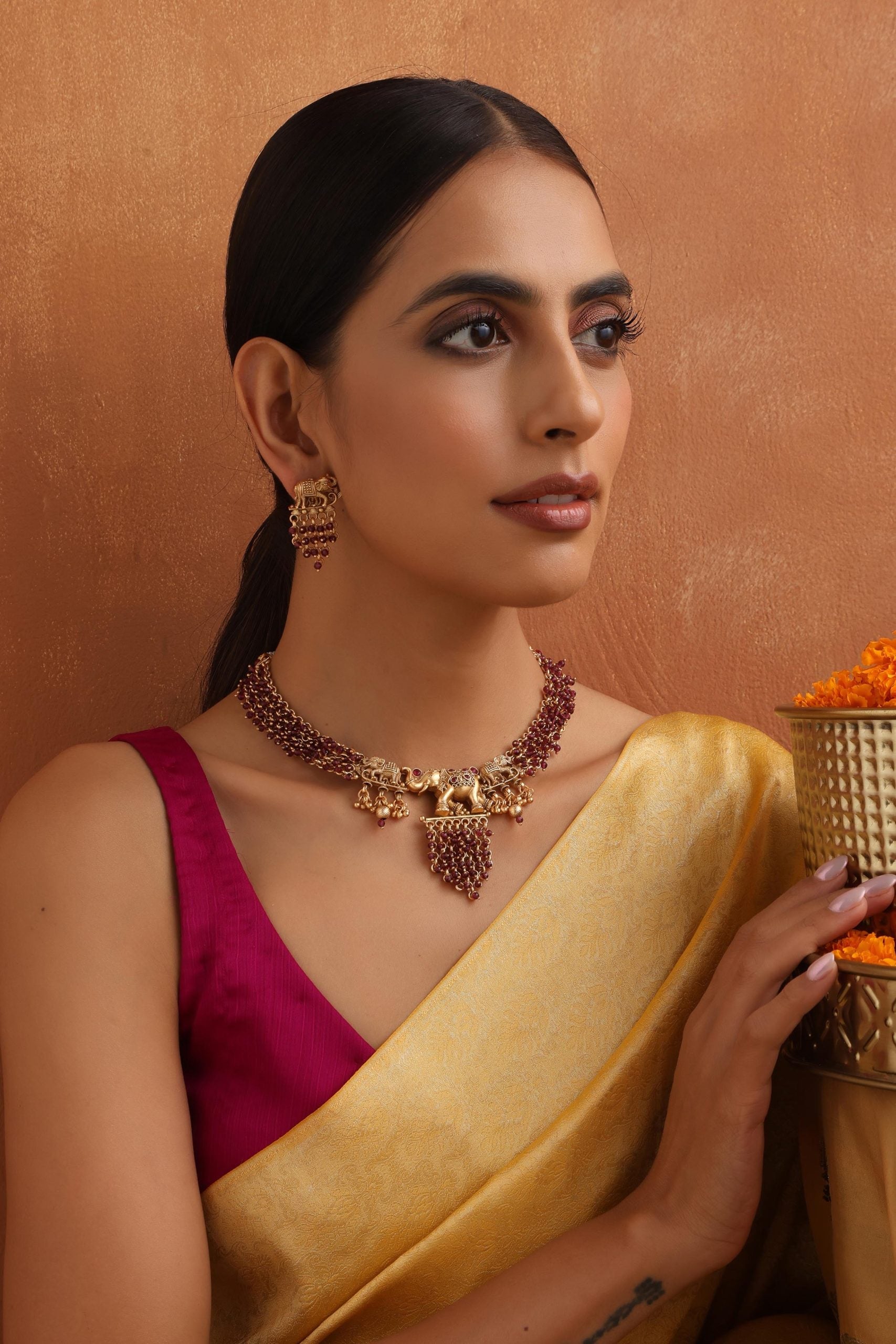 Red Gold Tone Temple Necklace Set