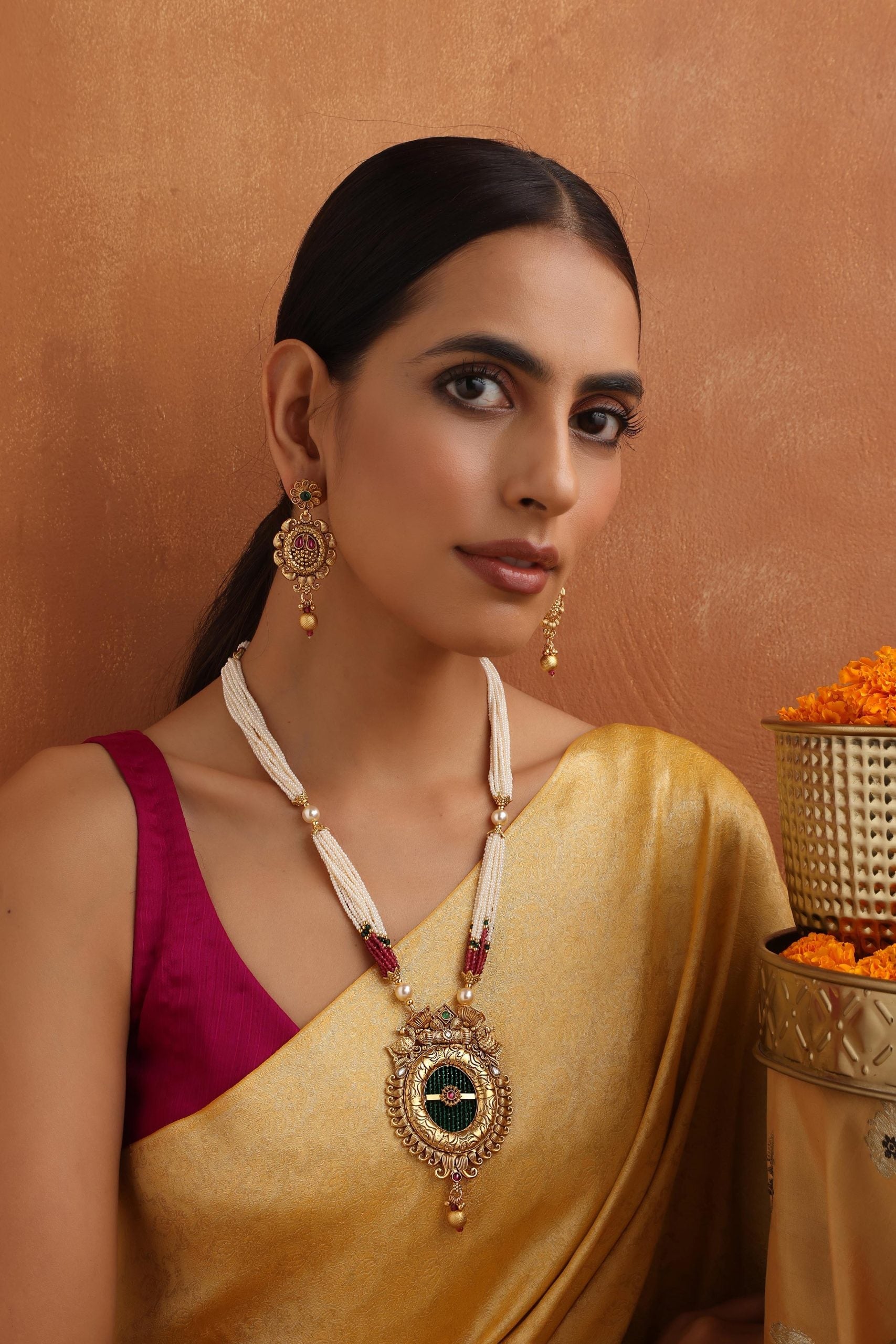 Multicolour Gold Tone Temple Long Necklace Set