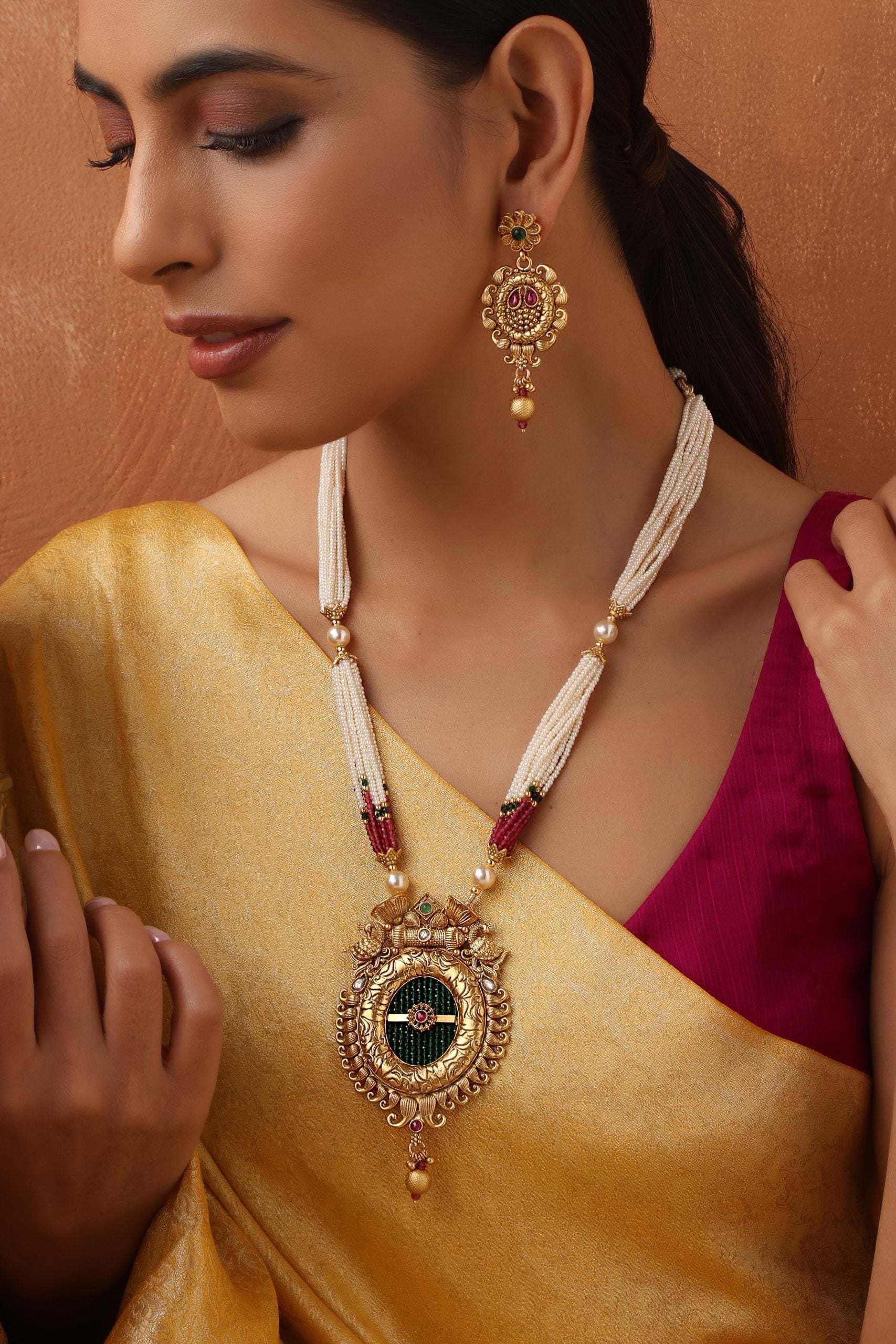 Multicolour Gold Tone Temple Long Necklace Set