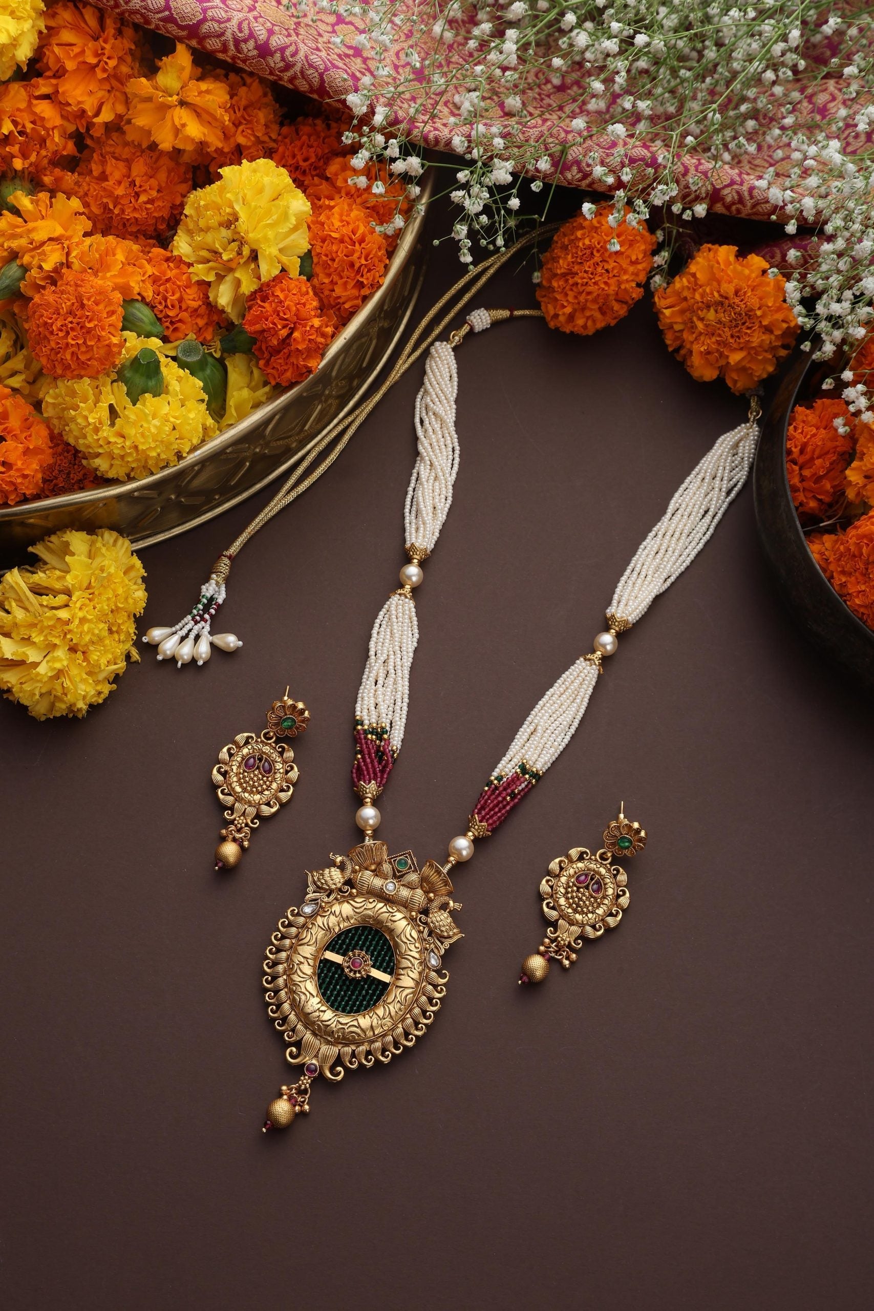 Multicolour Gold Tone Temple Long Necklace Set