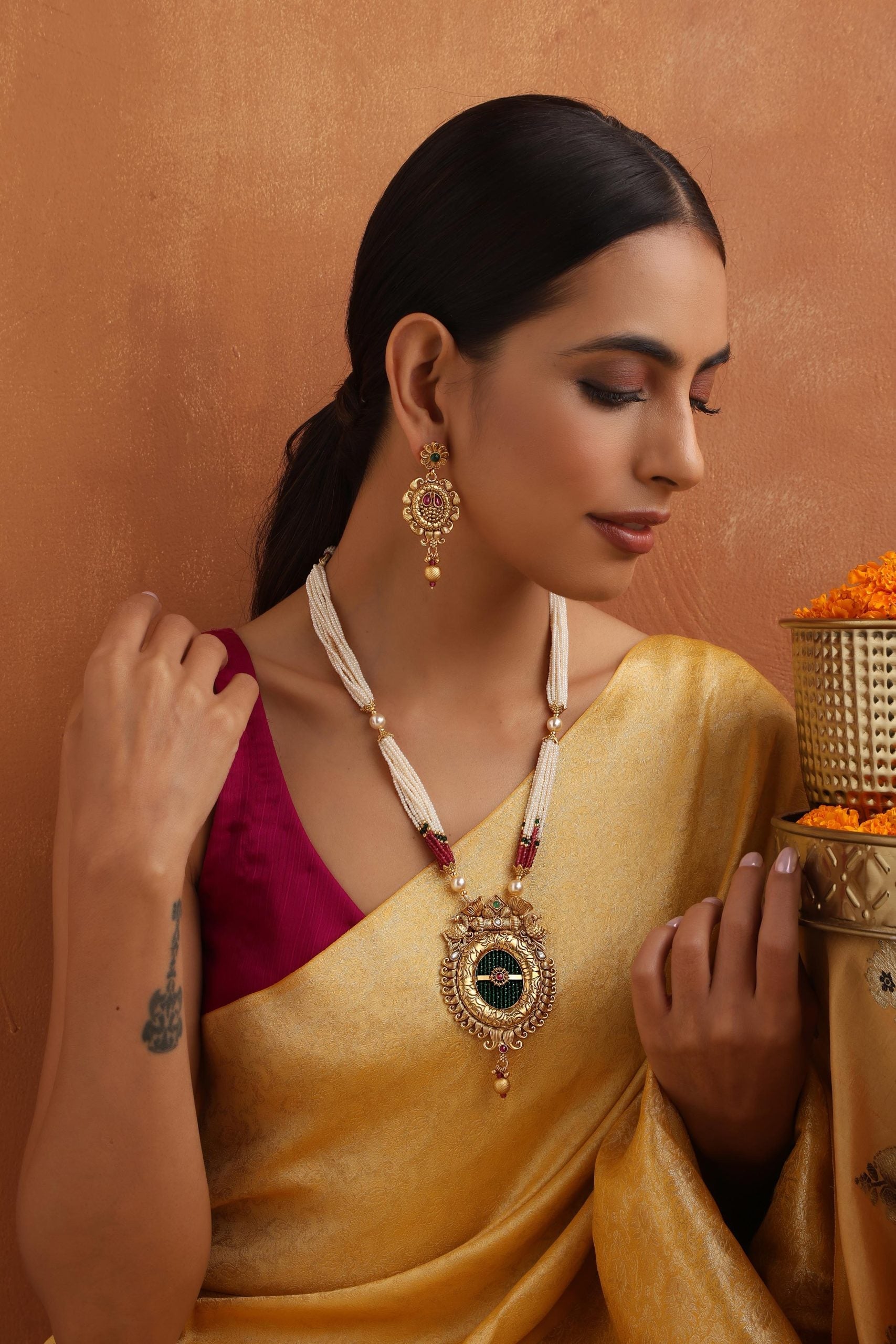 Multicolour Gold Tone Temple Long Necklace Set