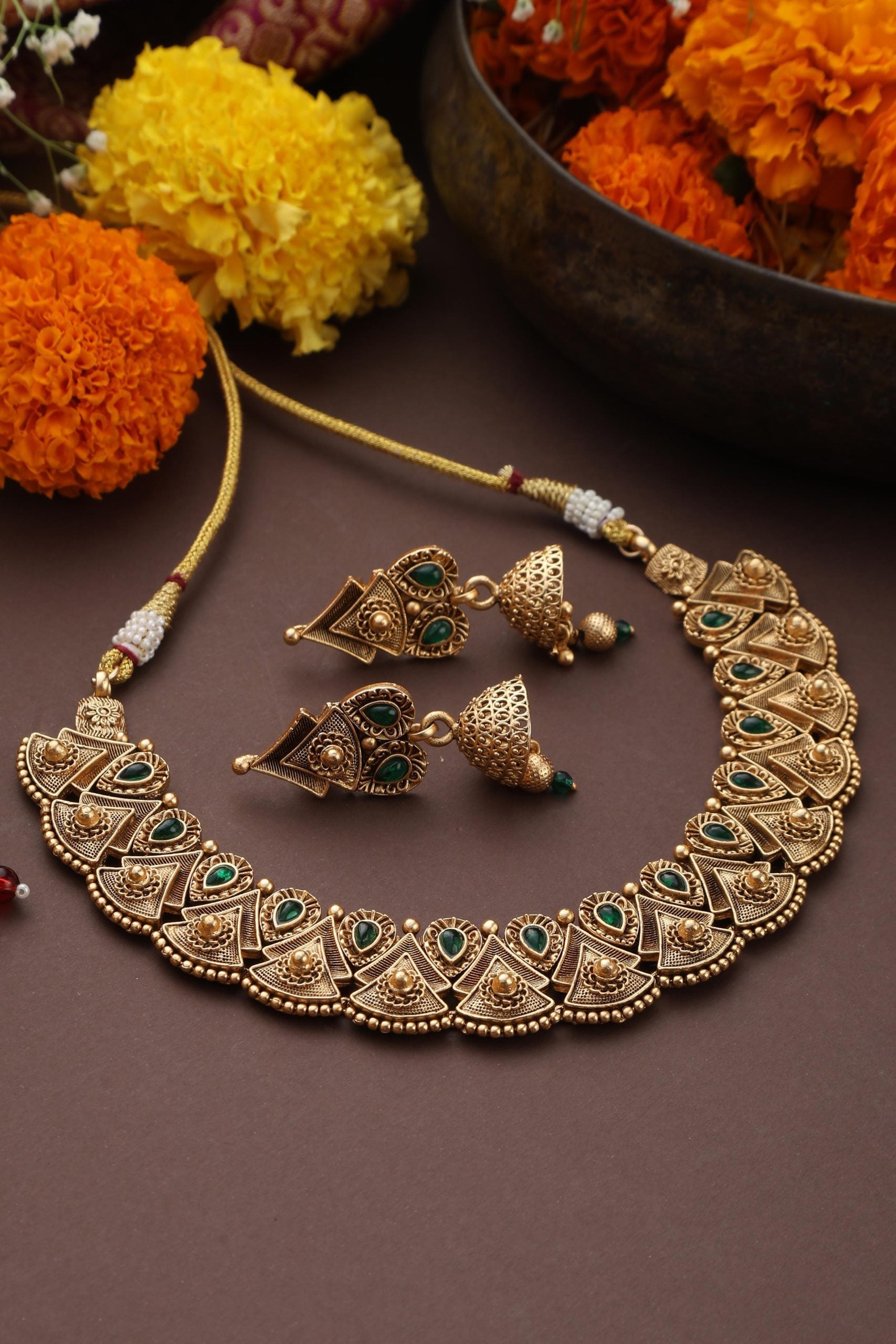 Green Gold Tone Temple Necklace Set