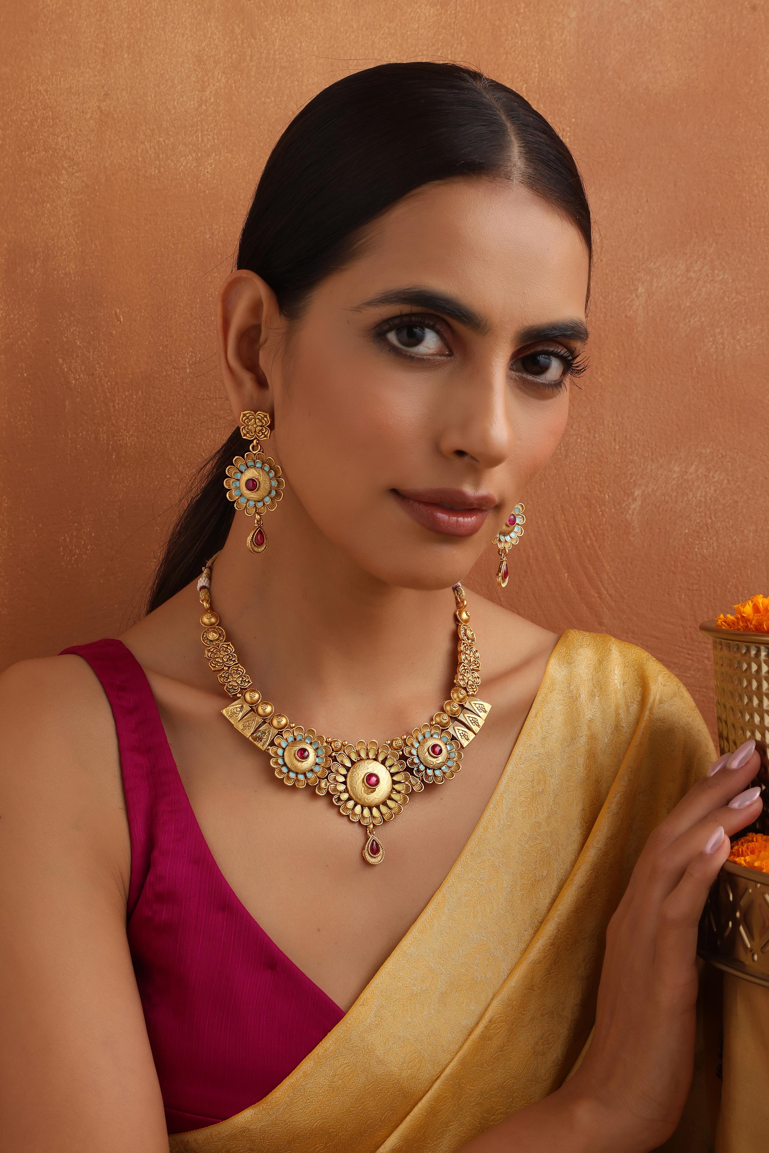 Multicolour Gold Tone Temple Necklace Set