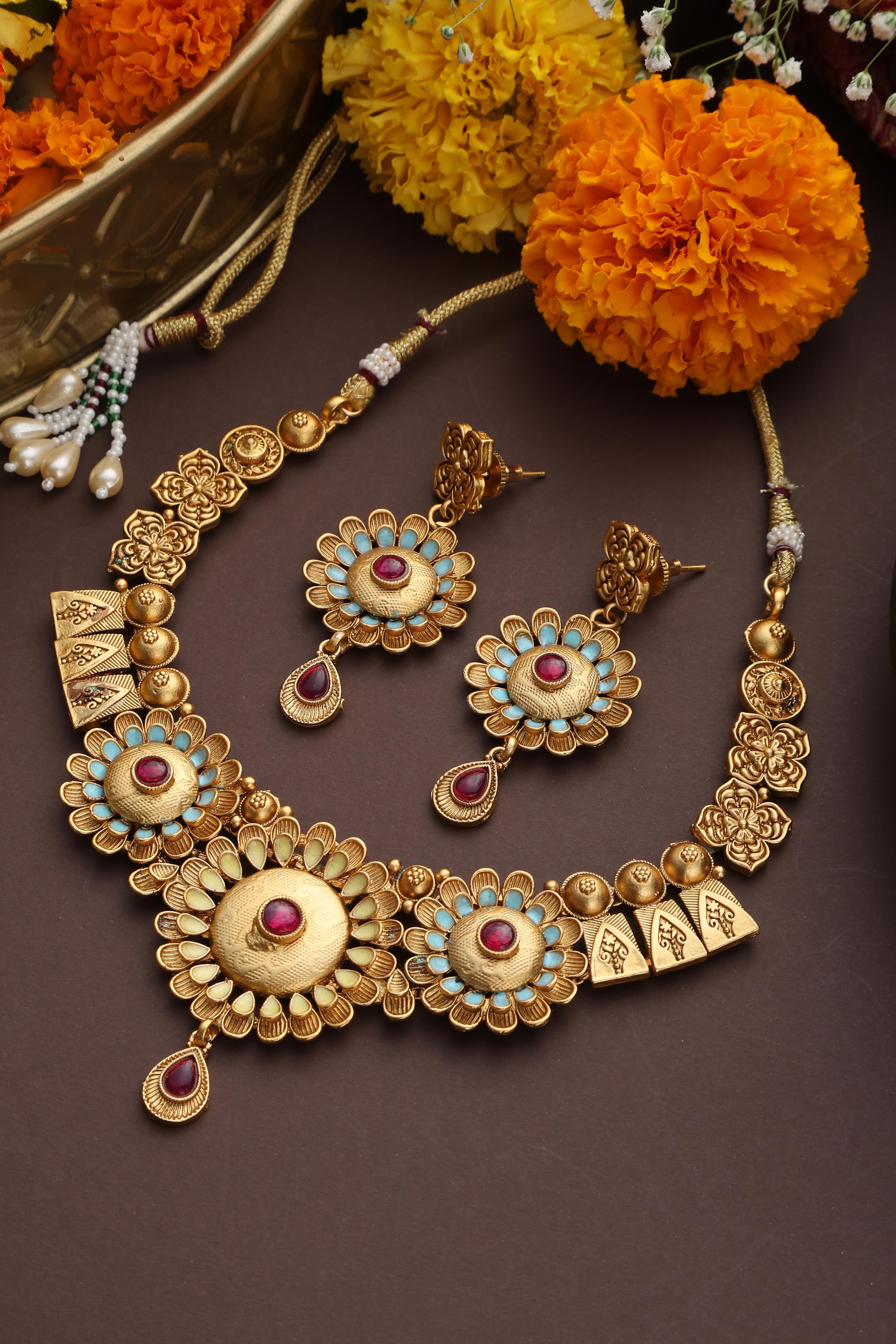 Multicolour Gold Tone Temple Necklace Set