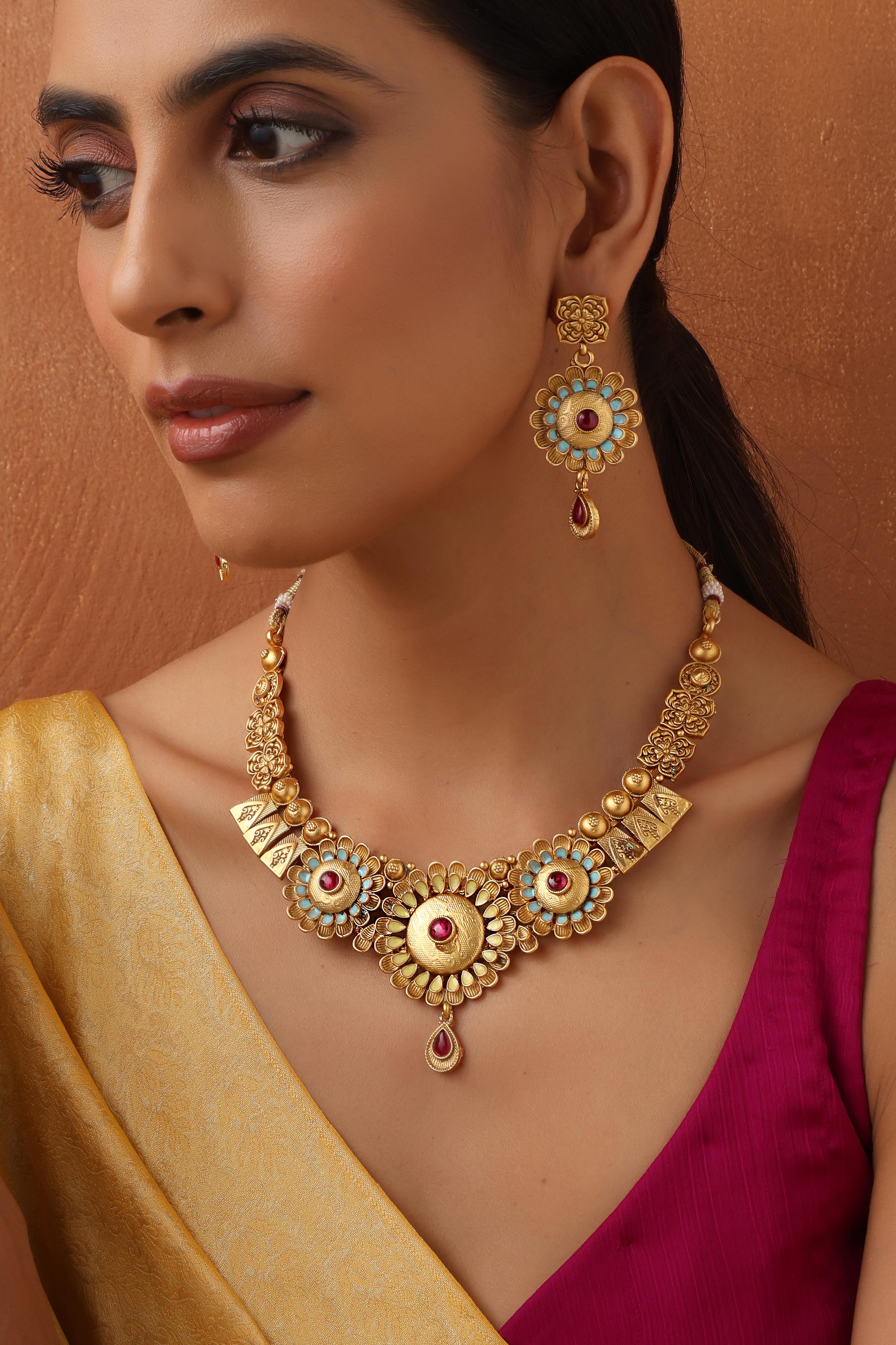 Multicolour Gold Tone Temple Necklace Set