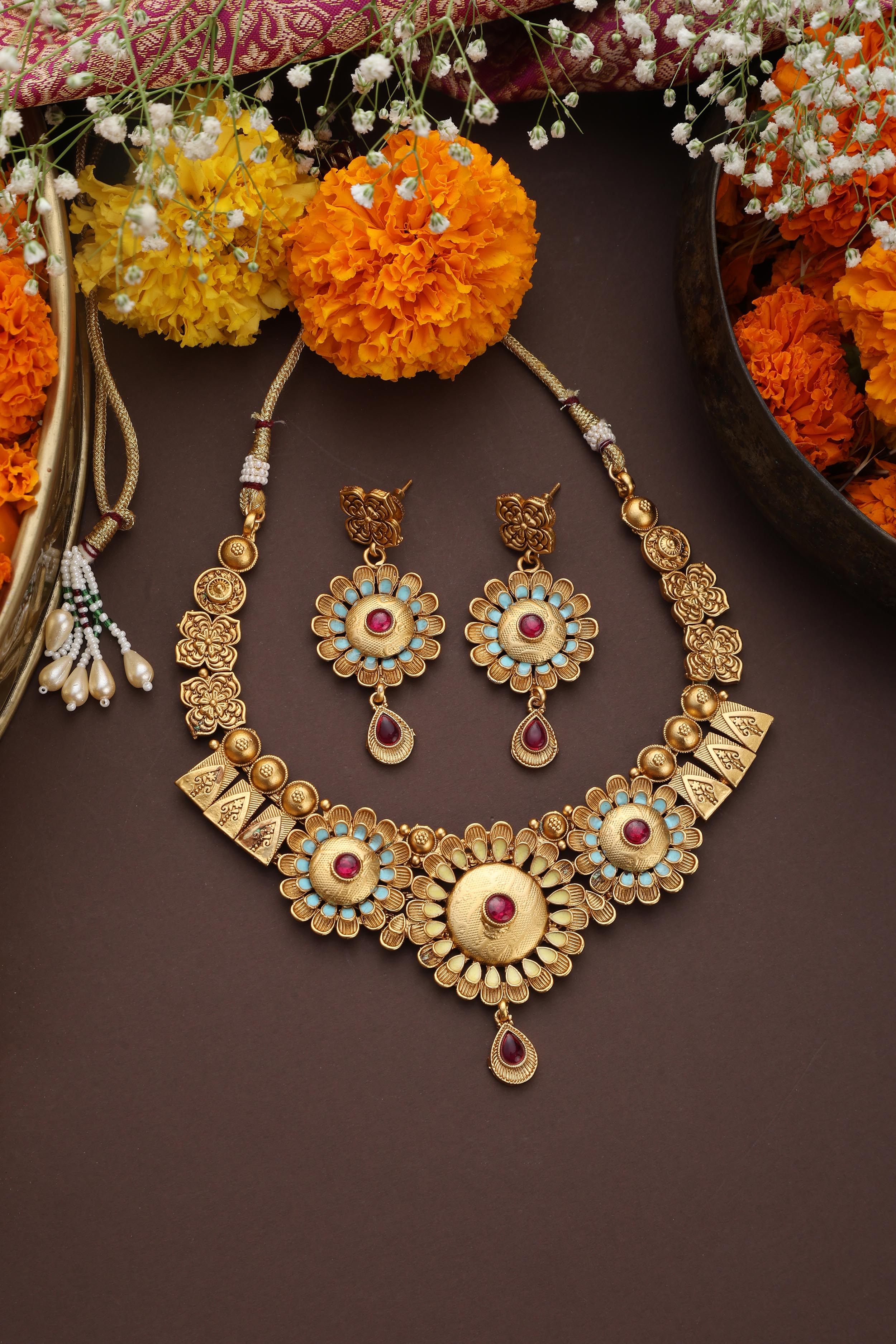 Multicolour Gold Tone Temple Necklace Set