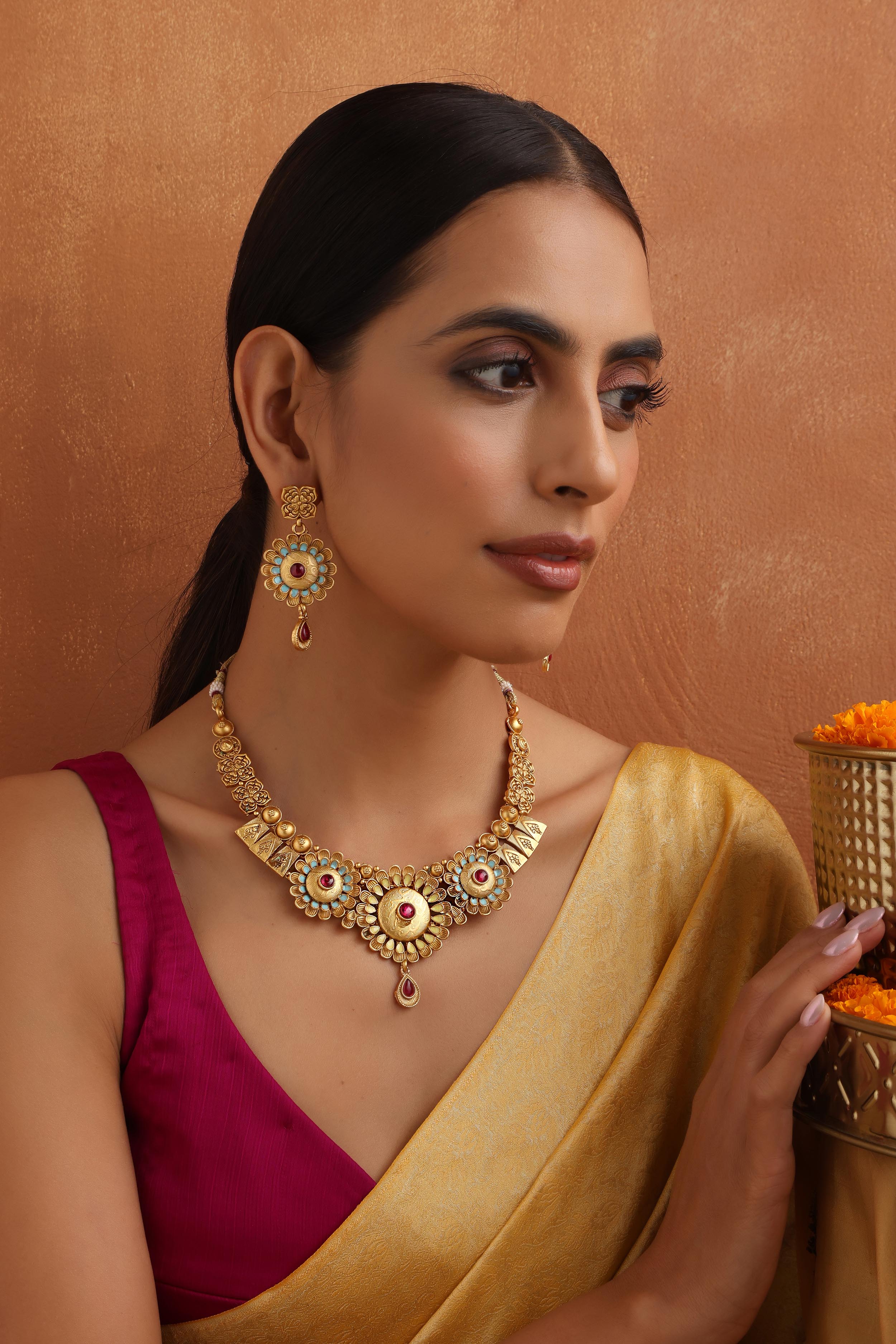 Multicolour Gold Tone Temple Necklace Set