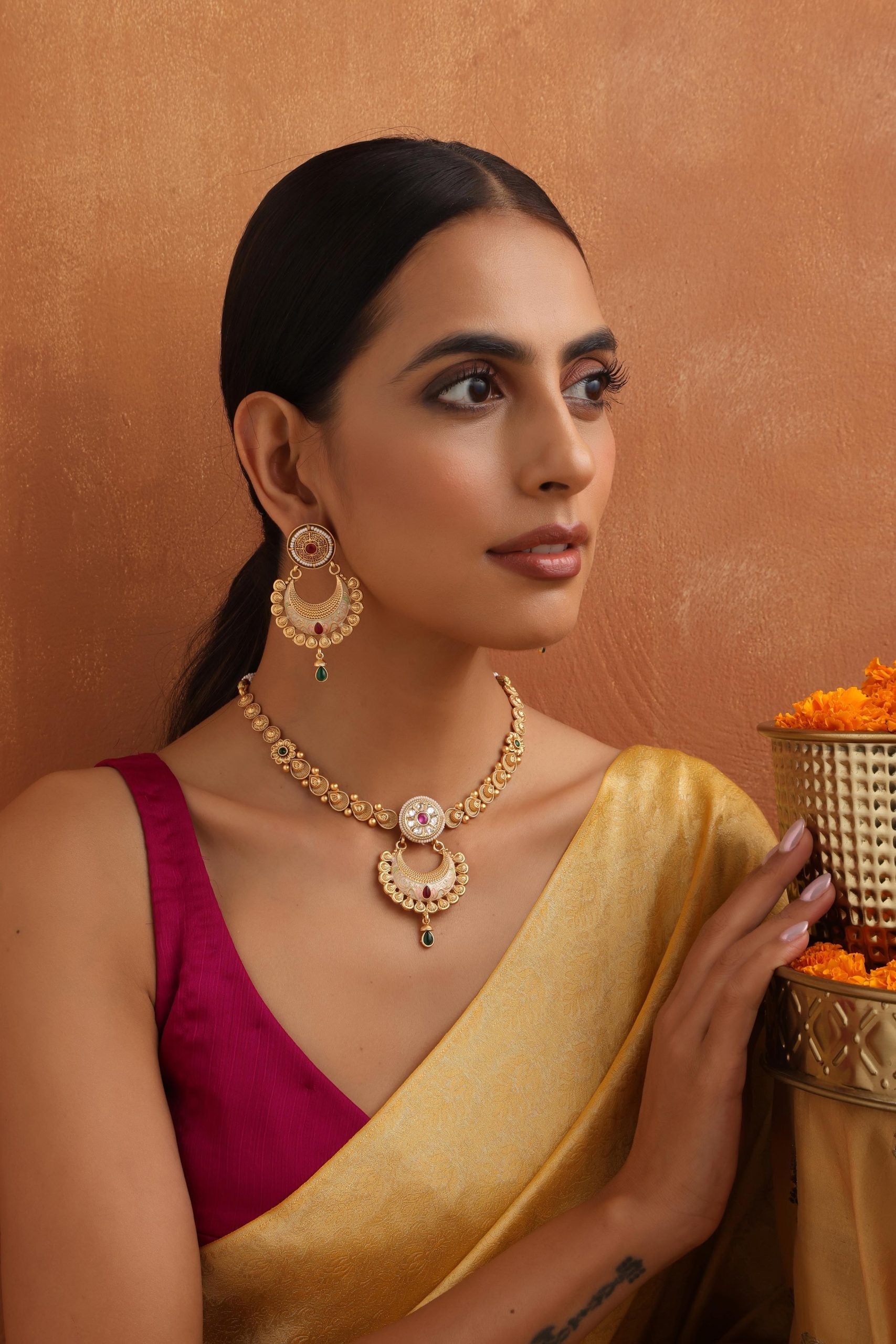 Multicolour Gold Tone Temple Necklace Set