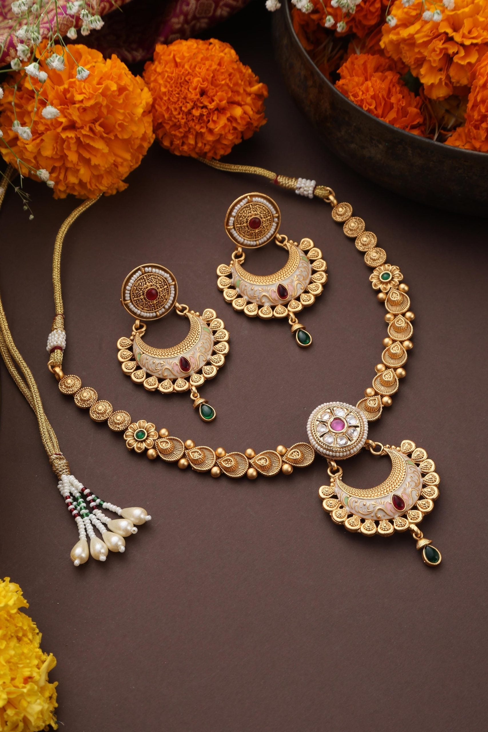 Multicolour Gold Tone Temple Necklace Set