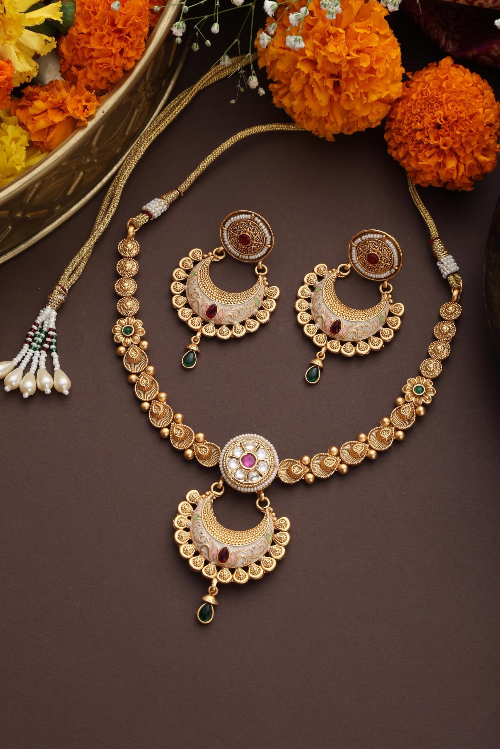 Multicolour Gold Tone Temple Necklace Set