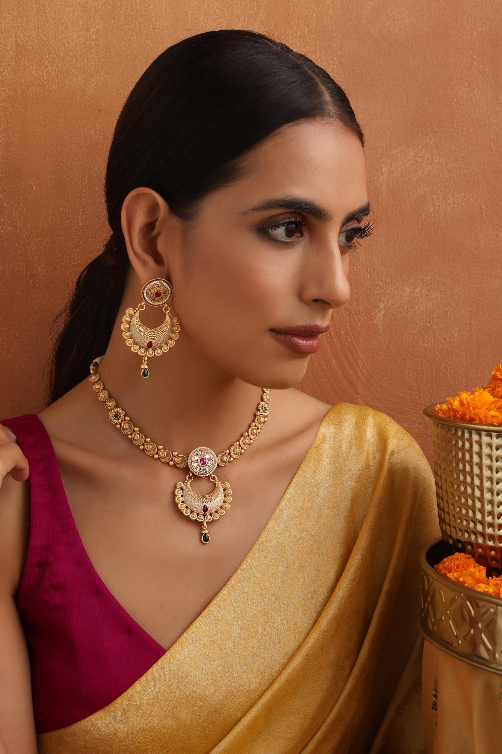 Multicolour Gold Tone Temple Necklace Set