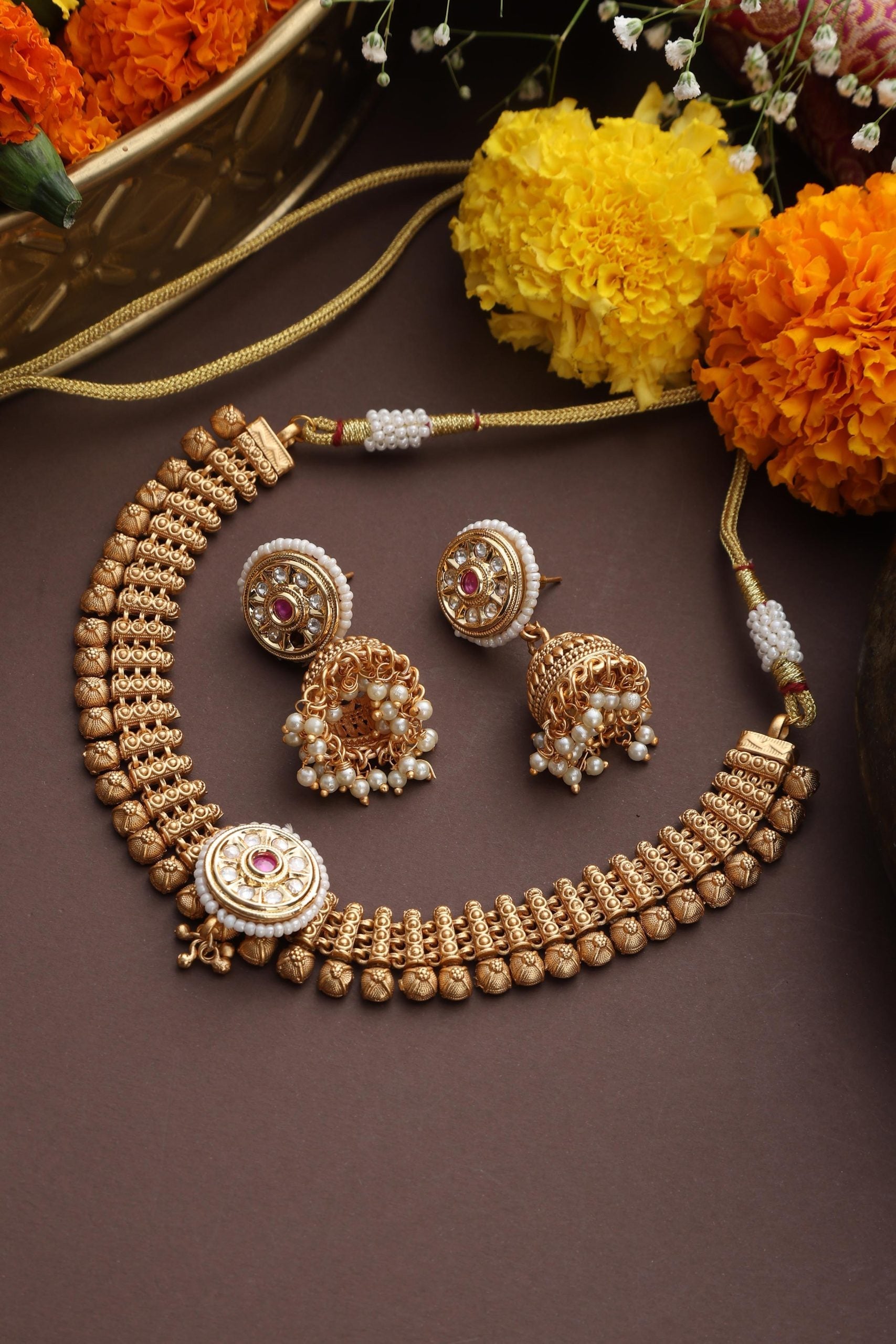 Gold Tone Temple Necklace Set