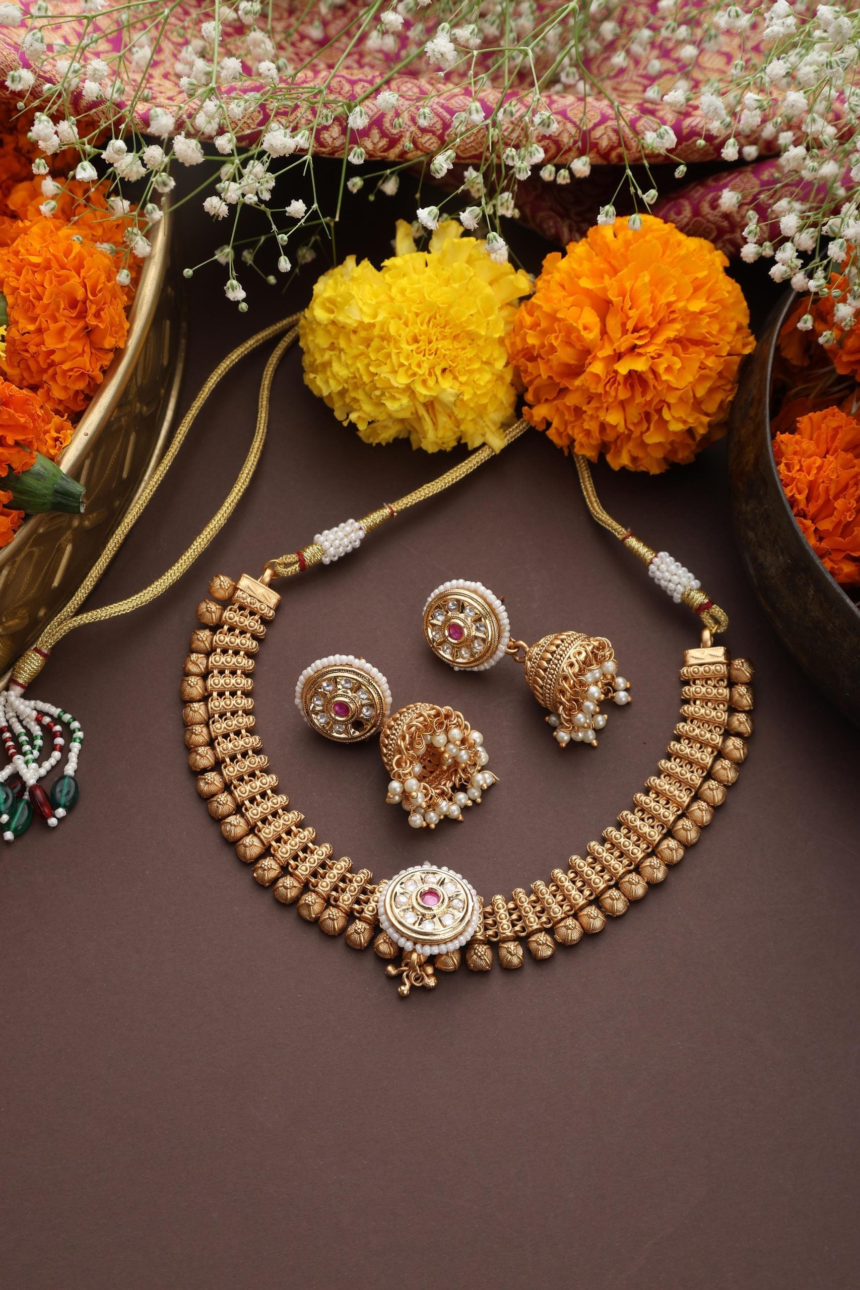 Gold Tone Temple Necklace Set