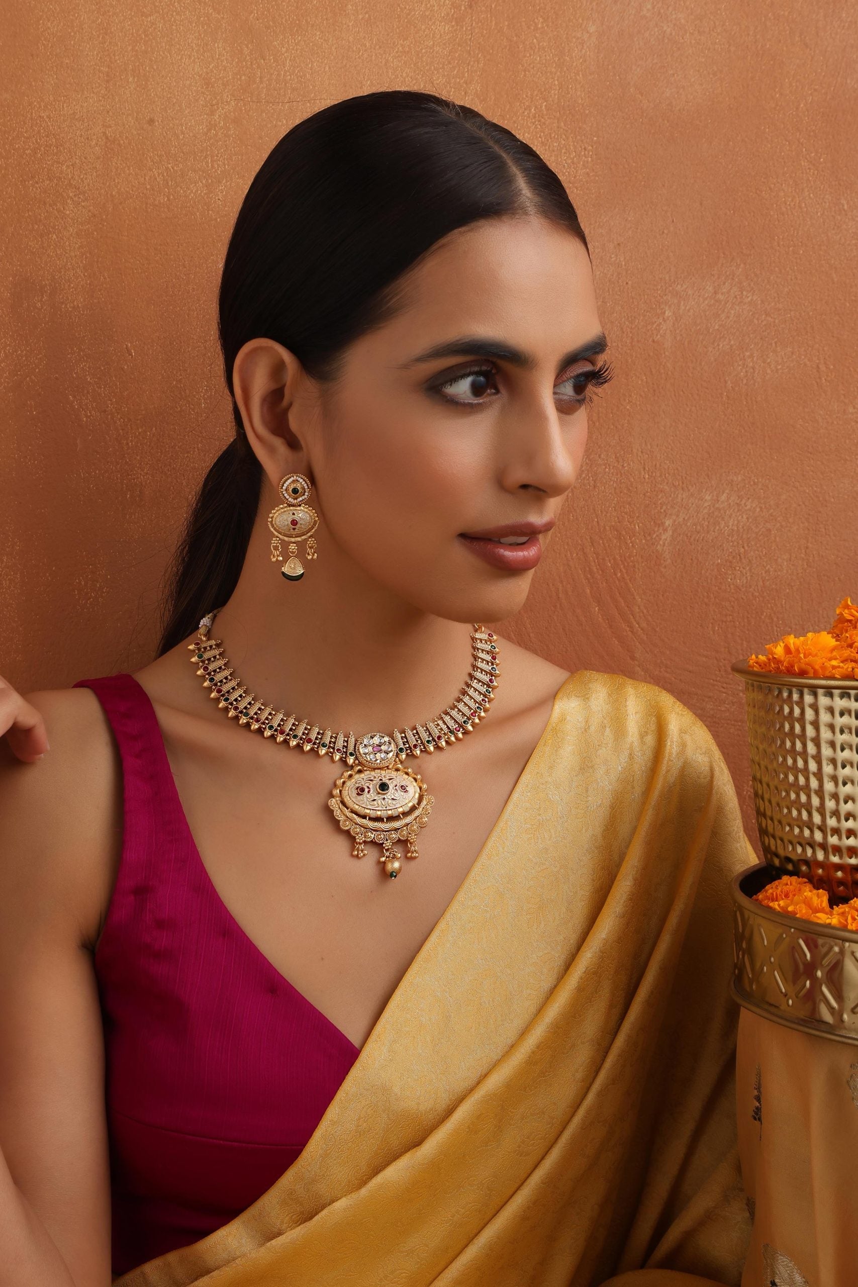 Multicolour Gold Tone Temple Necklace Set