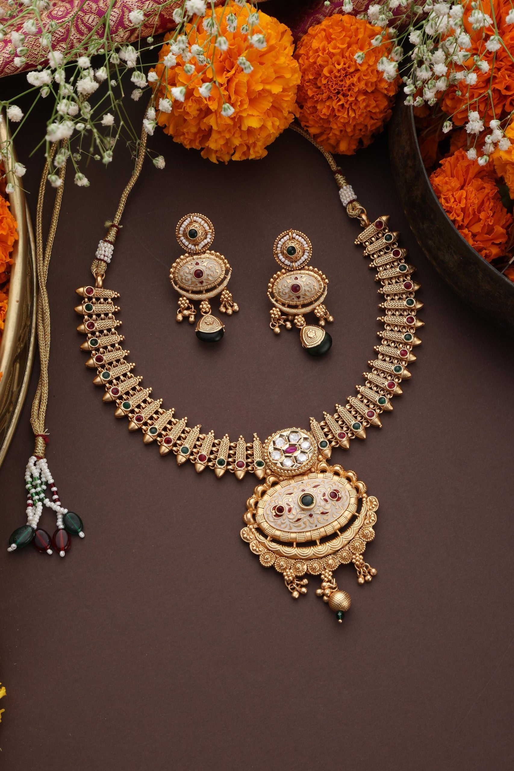 Multicolour Gold Tone Temple Necklace Set