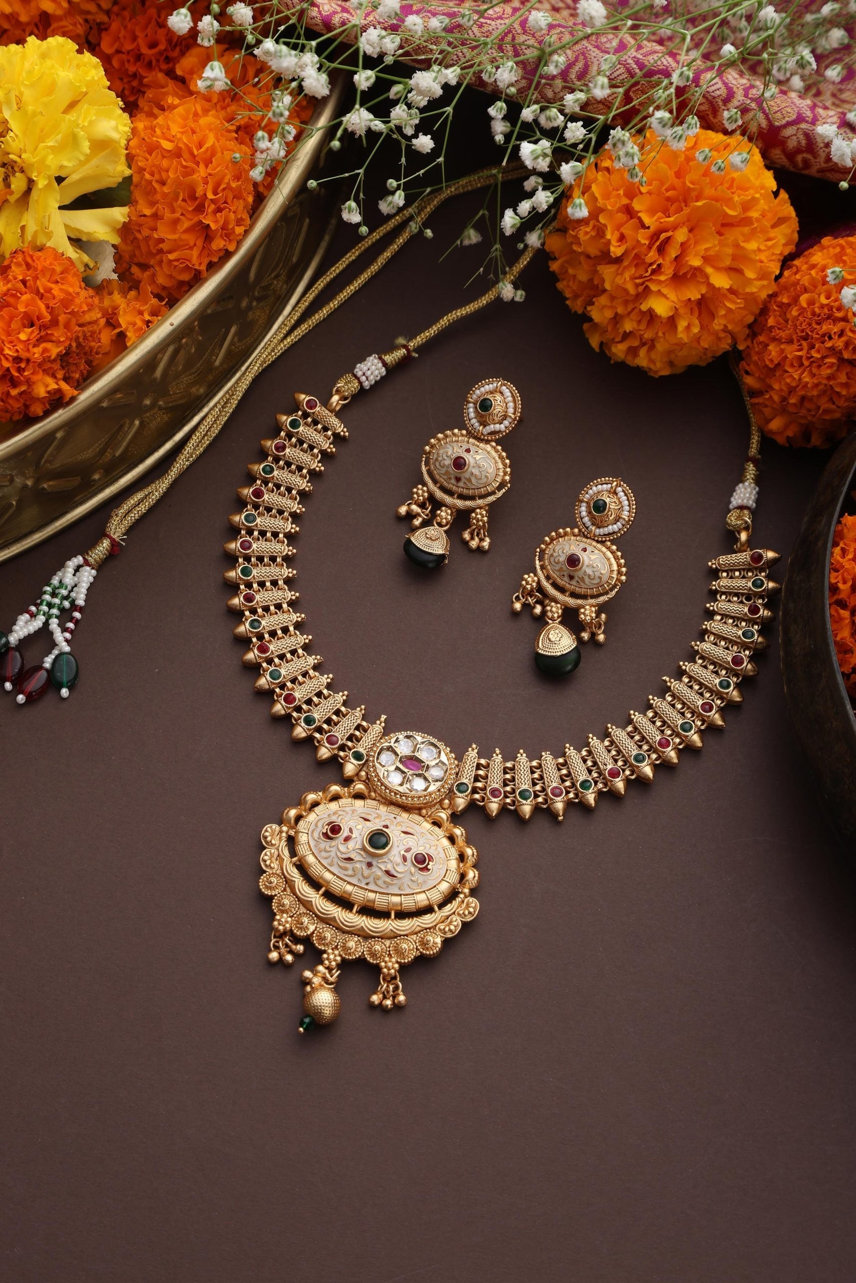 Multicolour Gold Tone Temple Necklace Set