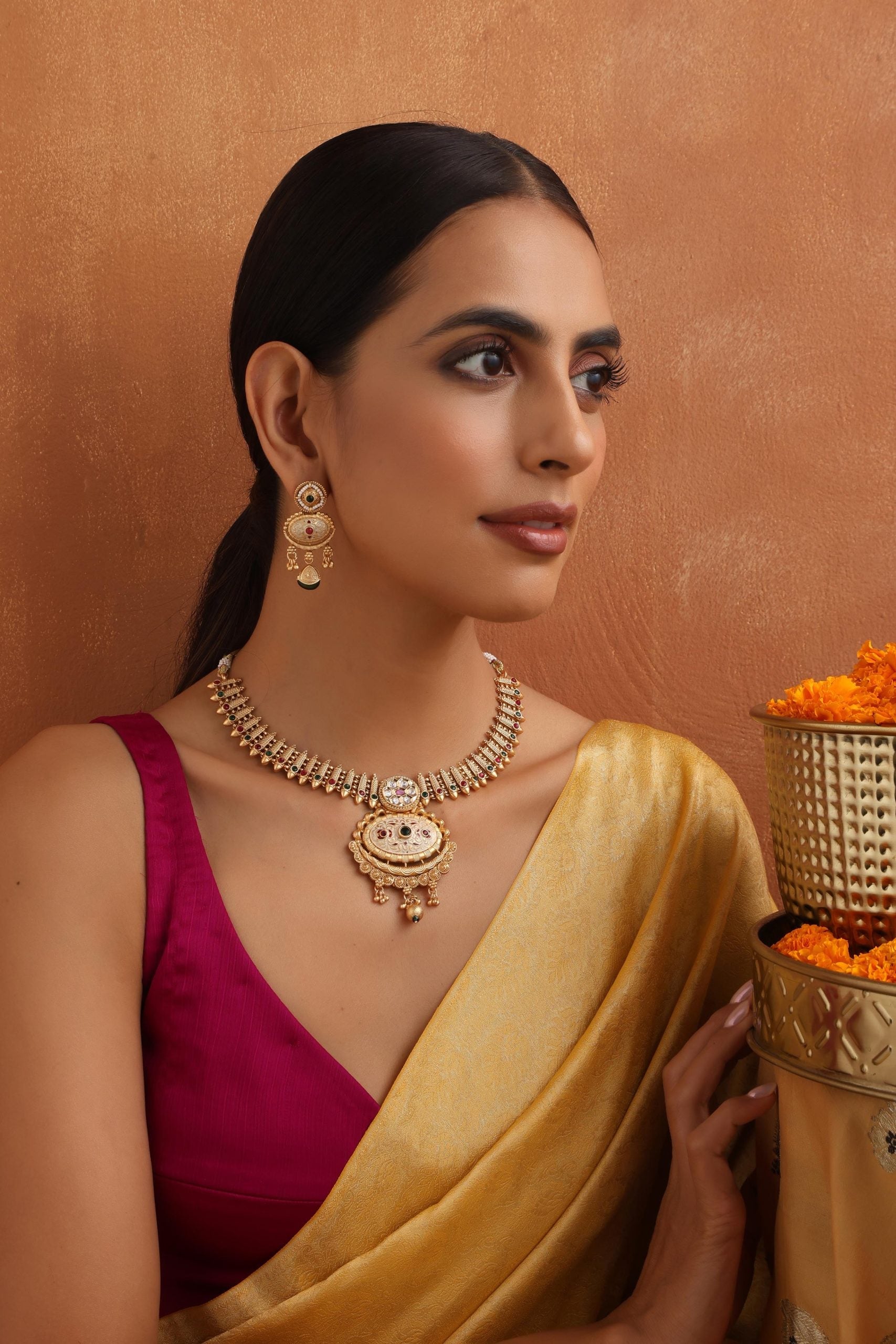 Multicolour Gold Tone Temple Necklace Set