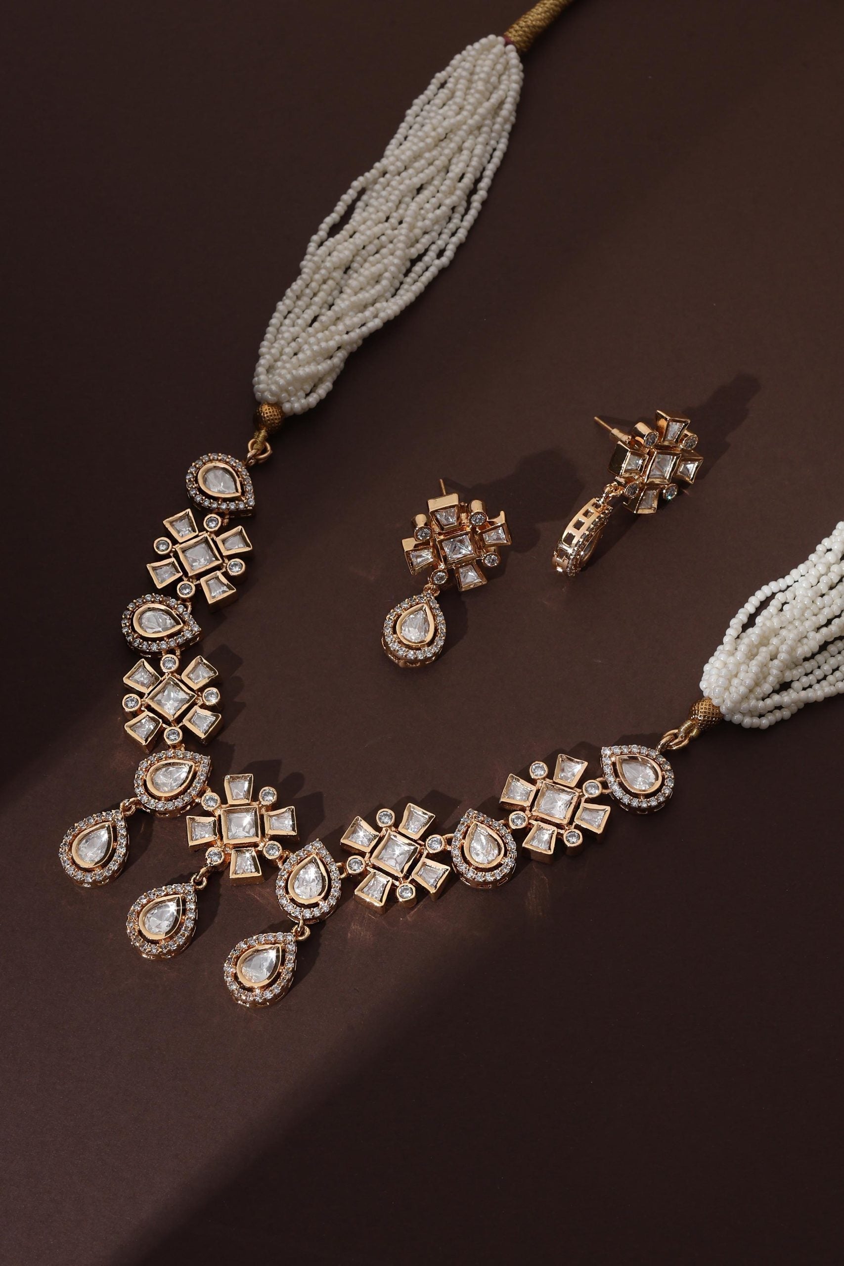 White Rose Gold Polki Necklace Set