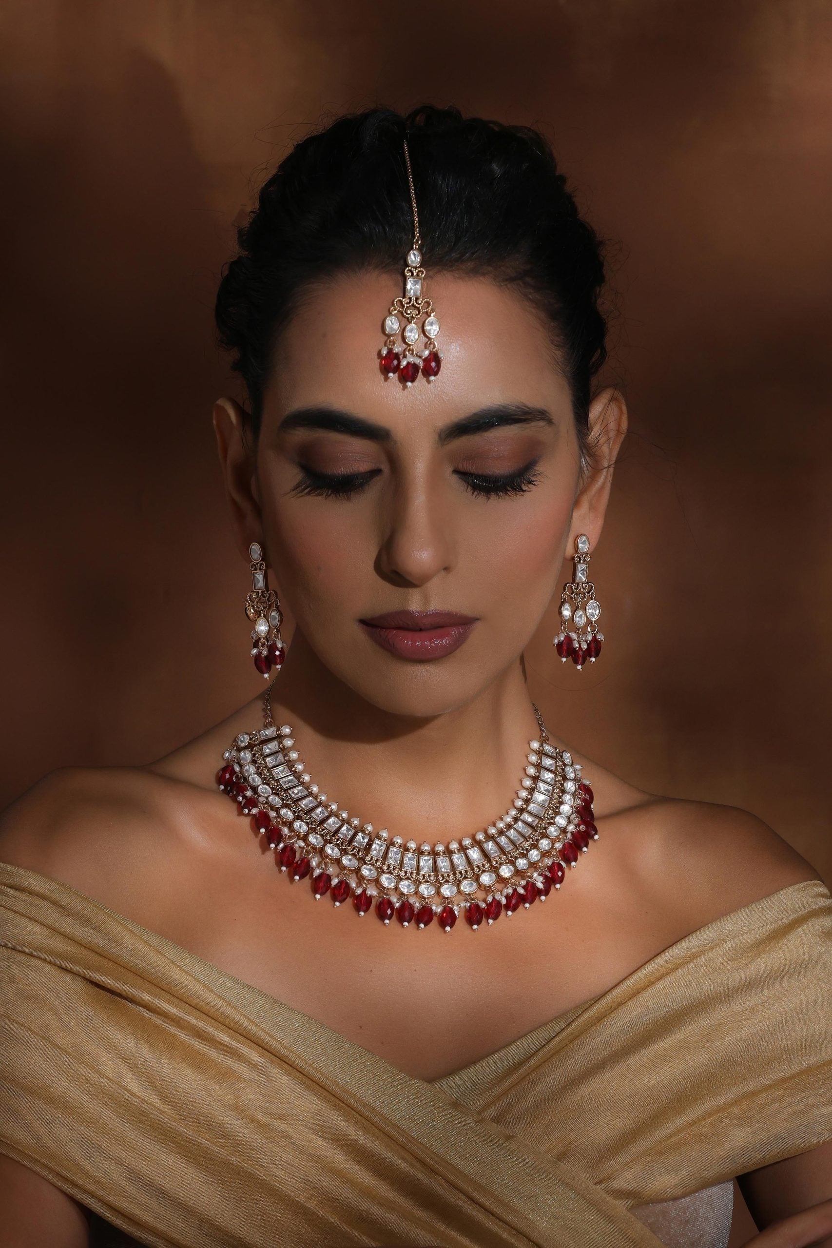 Red Polki Necklace Set with Maang Tikka