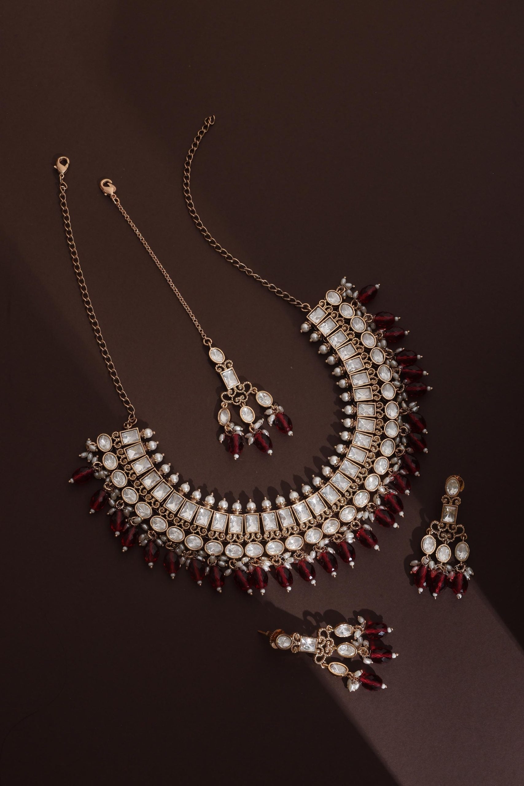 Red Polki Necklace Set with Maang Tikka