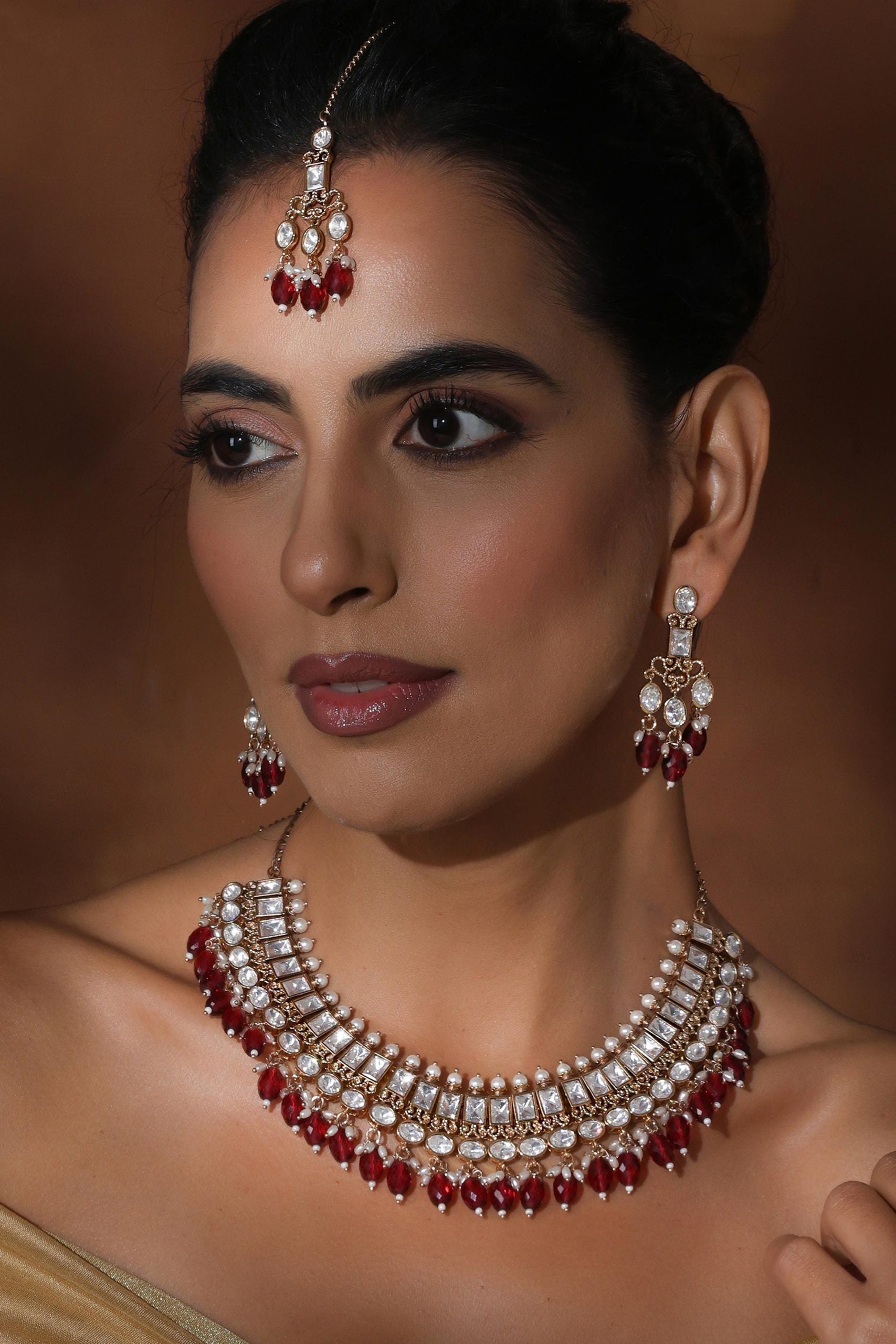 Red Polki Necklace Set with Maang Tikka