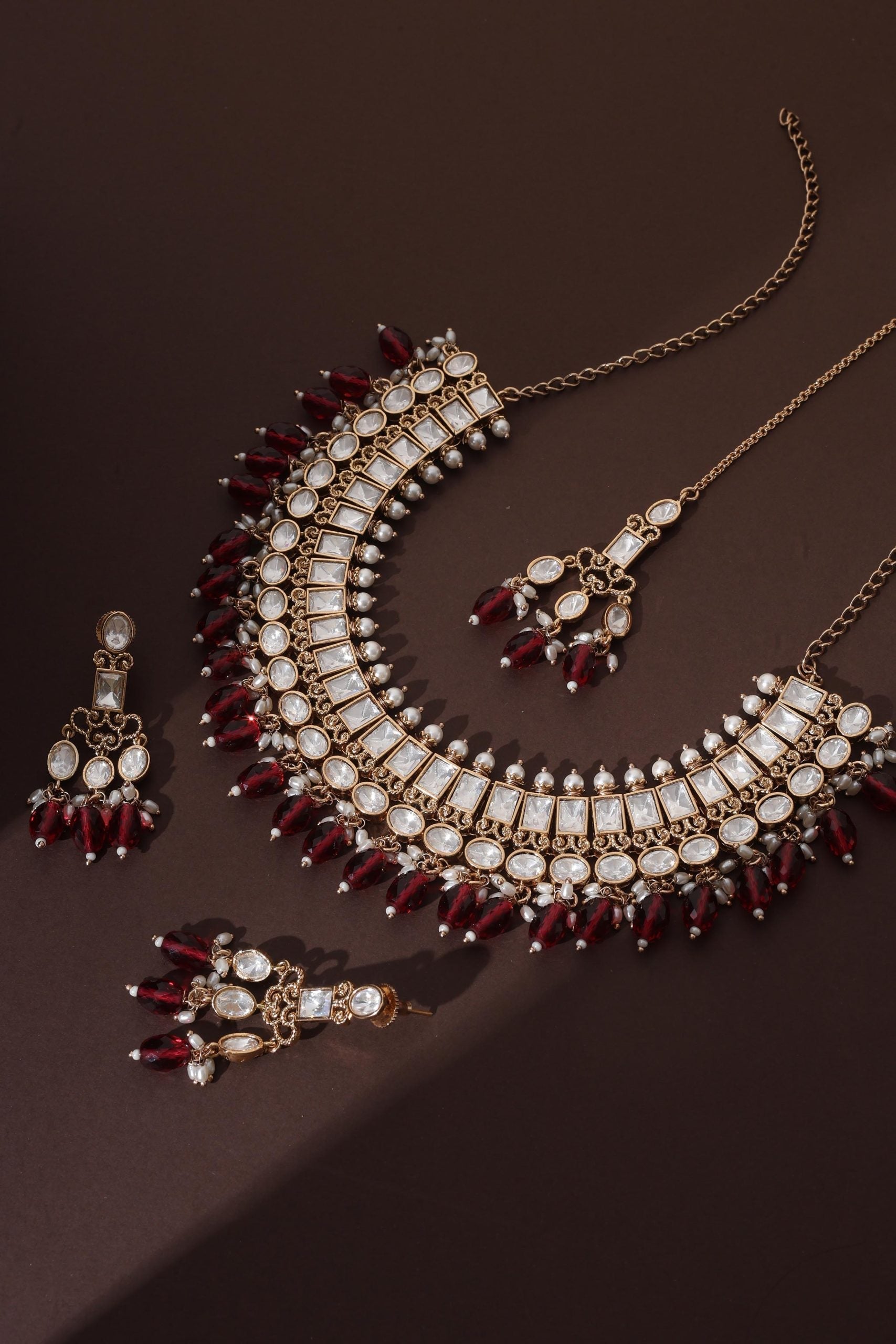 Red Polki Necklace Set with Maang Tikka