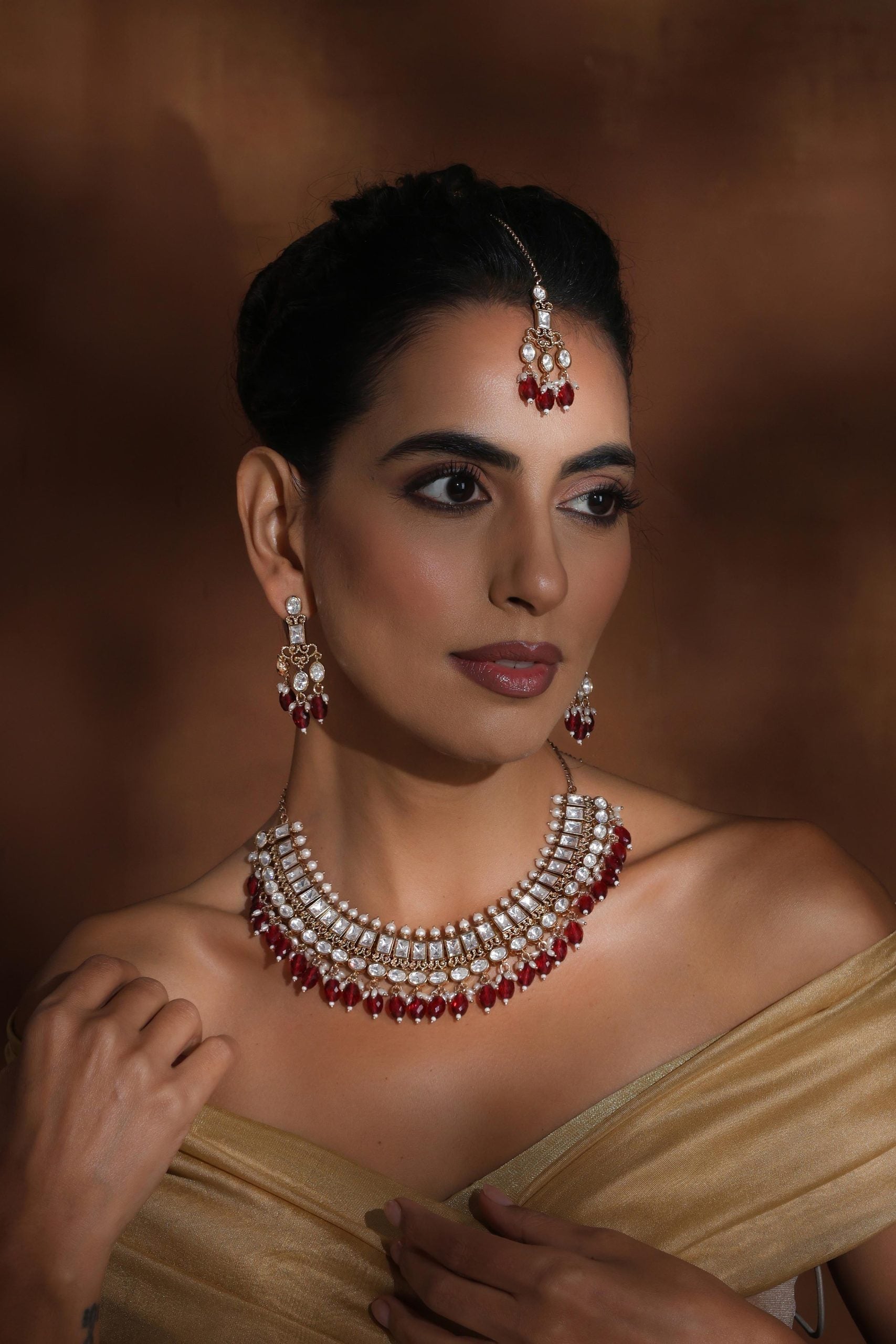 Red Polki Necklace Set with Maang Tikka