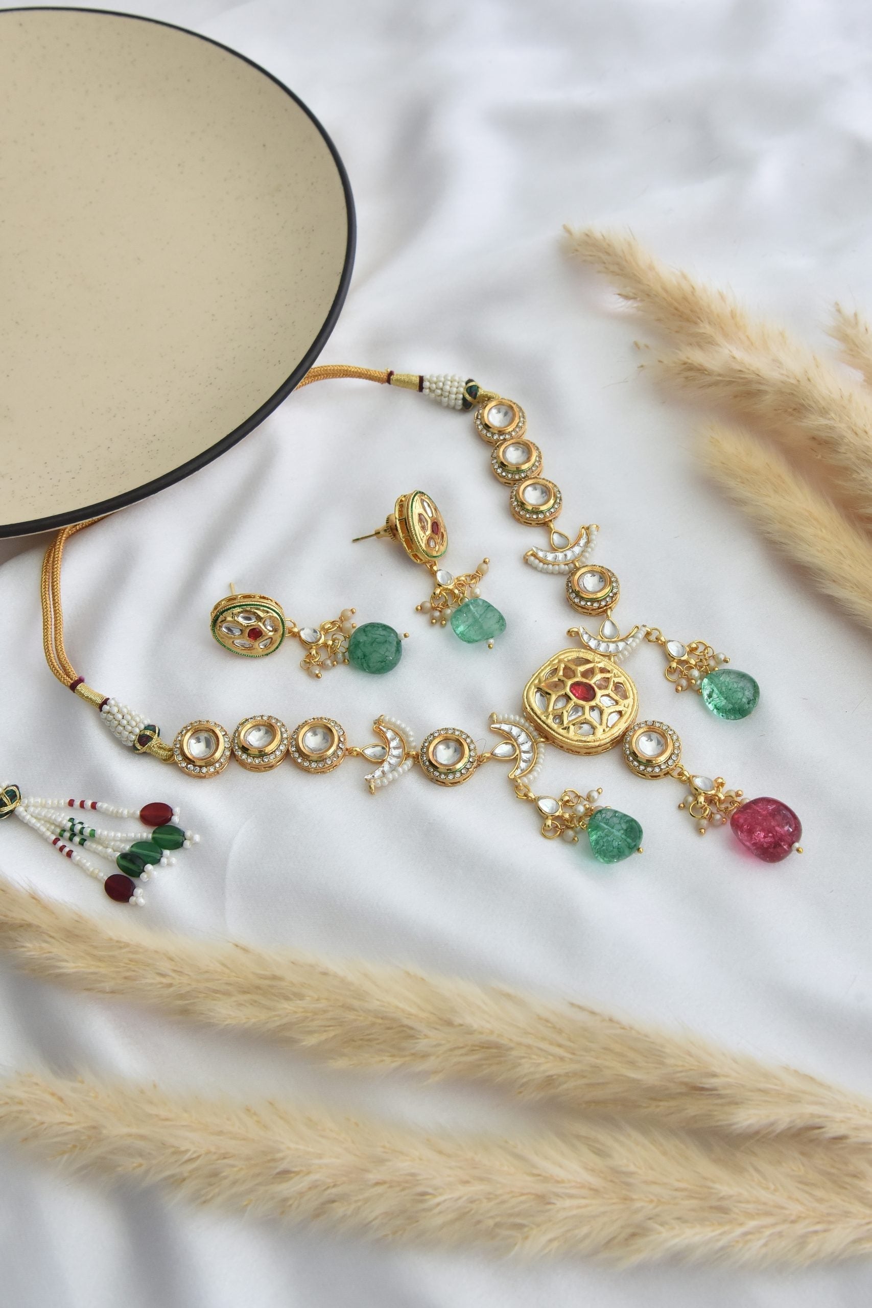 Multicolour Gold Tone Kundan Necklace Set