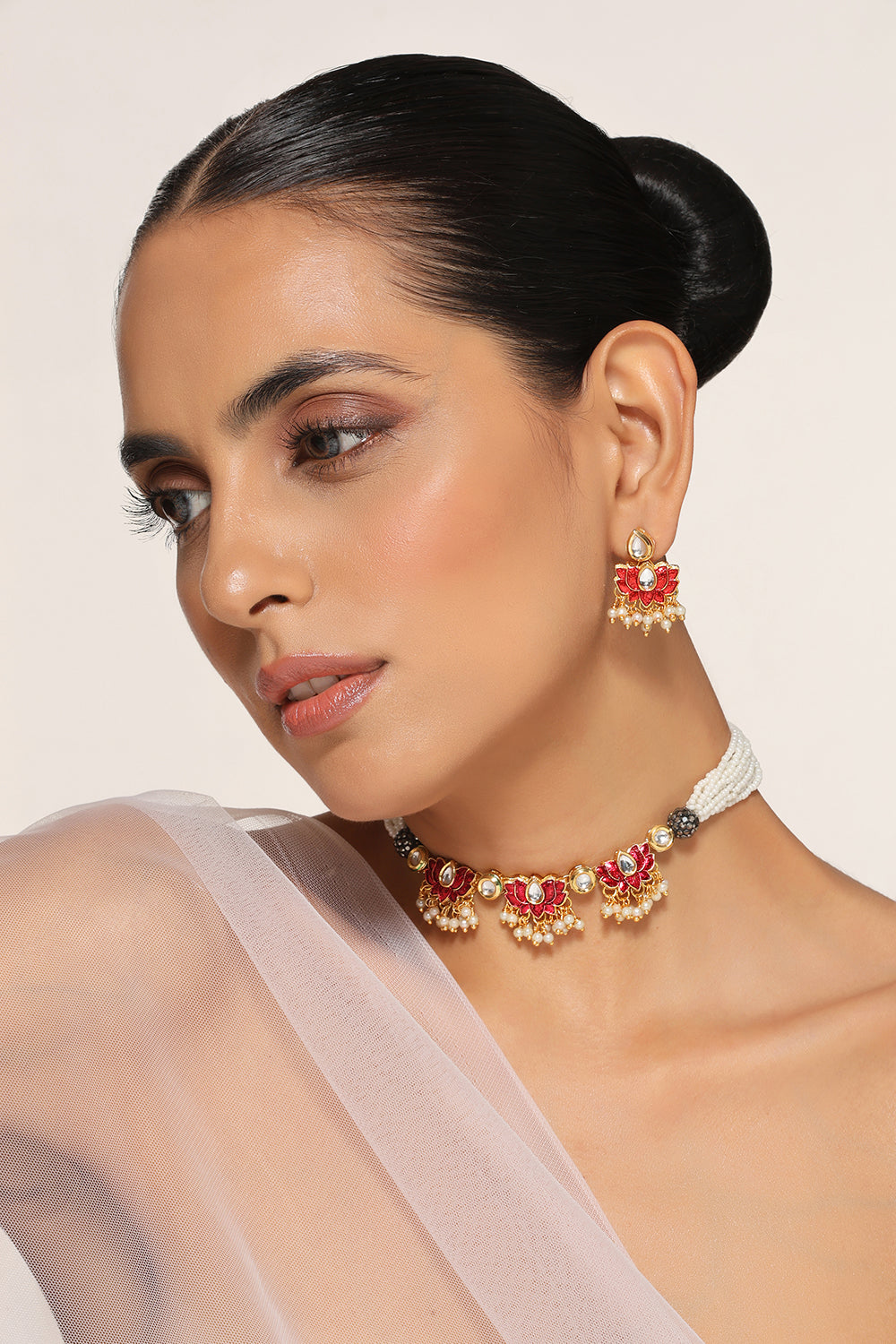 Red Gold Tone Kundan and Pearl Choker Set