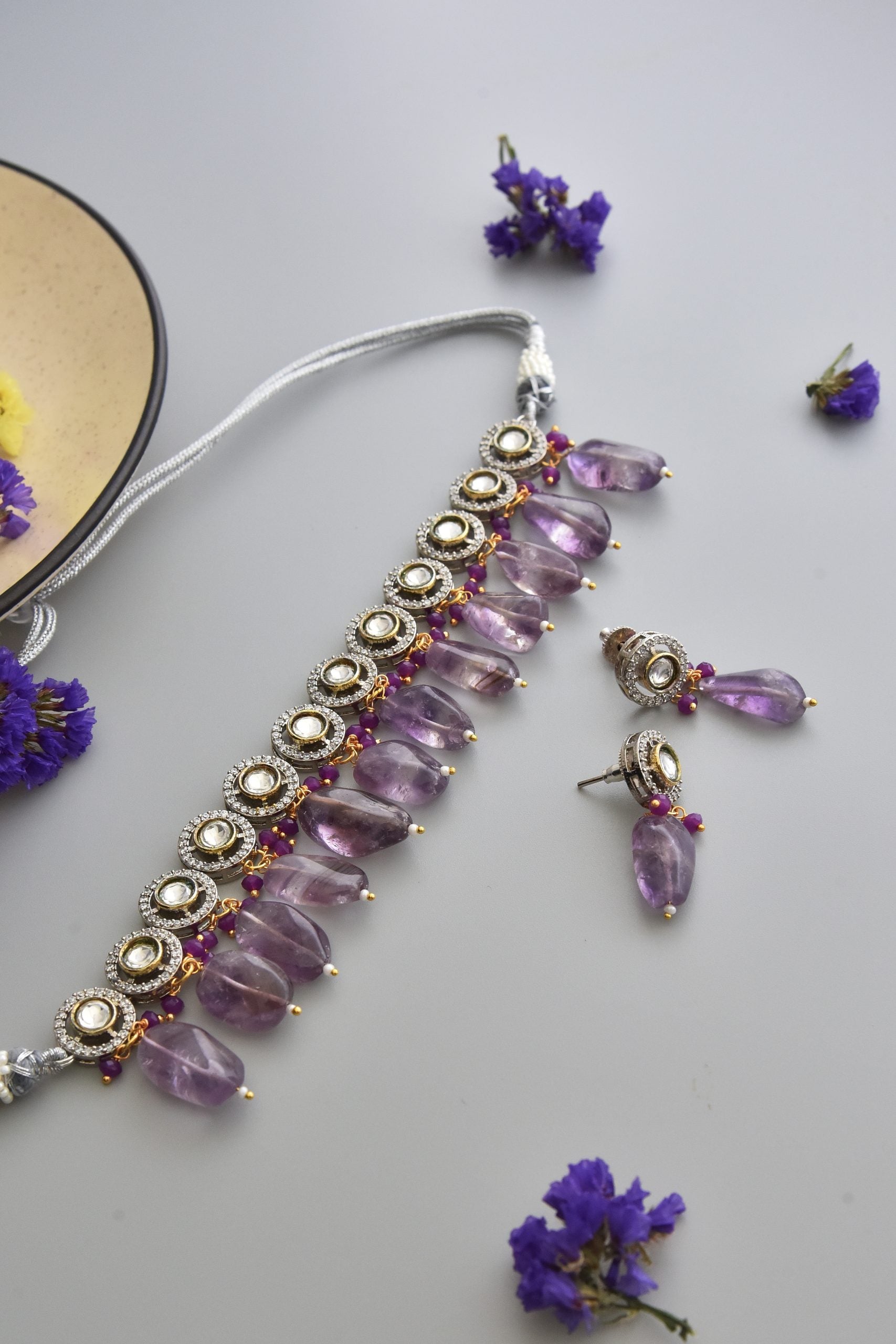 Purple Silver Tone Zirconia Necklace Set